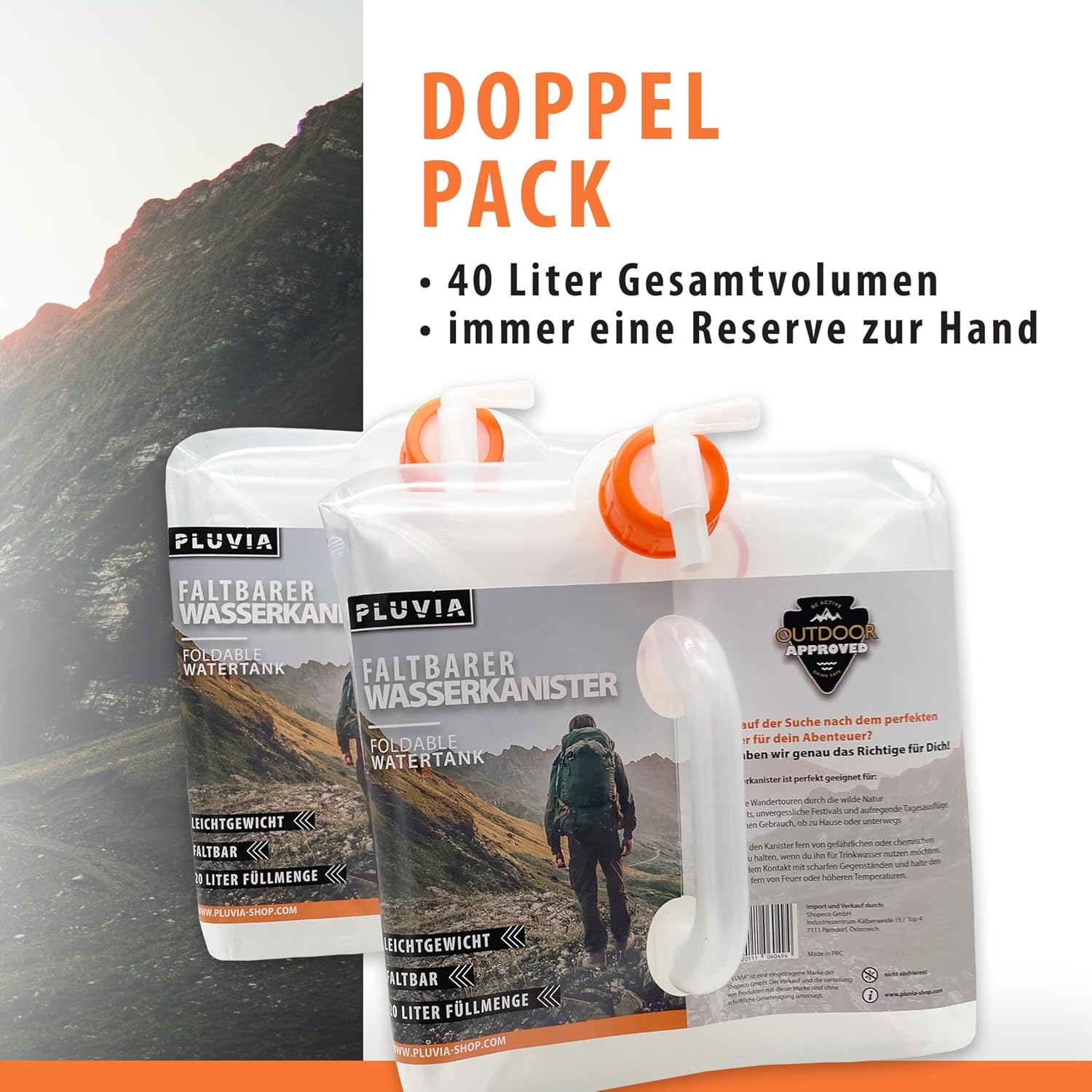 Pluvia Wasserkanister 20 L Trinkwasser-Set (2 x 20 L) faltbar – Verdunkelungs-Notfallausrüstung – Kanister mit Verschluss & Hahn, transparent – Bild 3