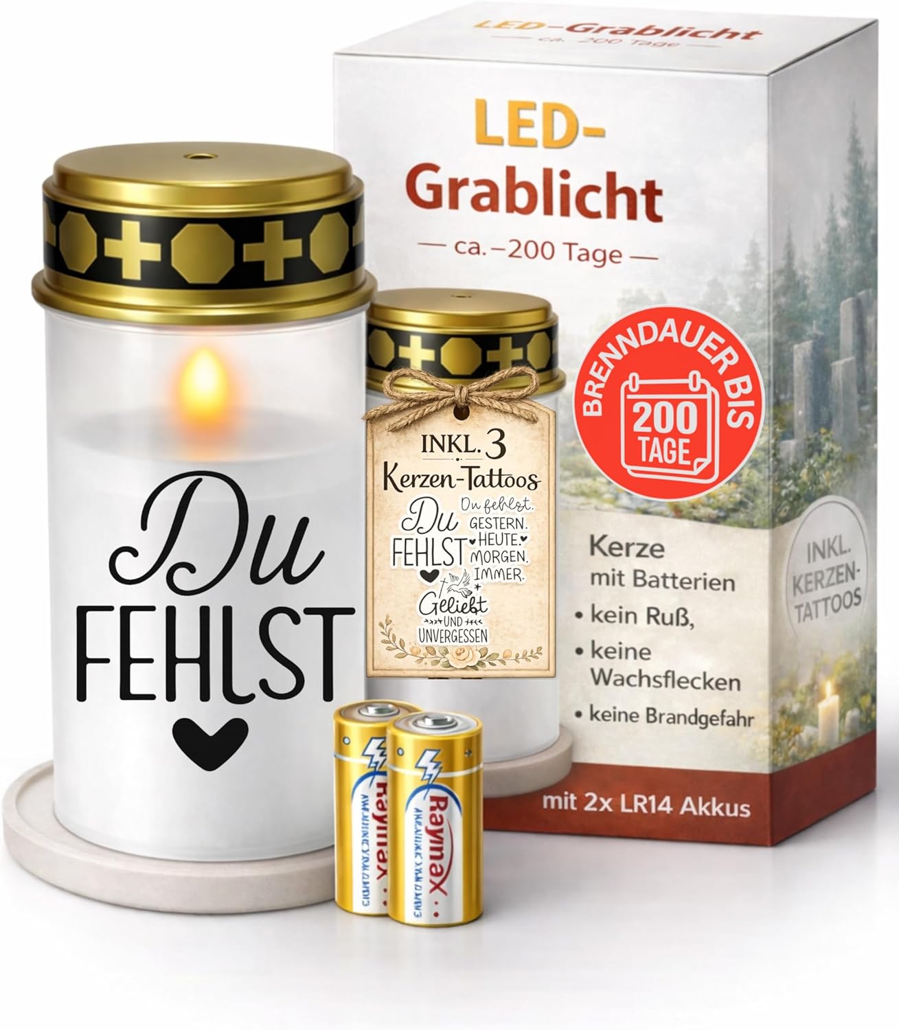 Grablichter LED mit Batterie I Grabkerzen wetterfest für den Außenbereich mit Flackereffekt I Friedhofskerzen bis zu 6 Monate Leuchtdauer I Stilvolle Gedenkkerze inklusive 3 Aufklebern zur Gestaltung I Drytogo