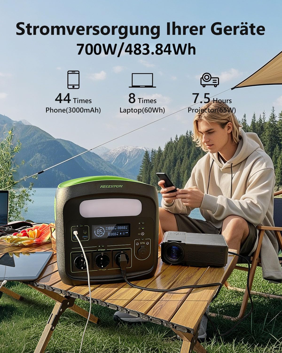 Tragbares Kraftwerk N7576, 700 W, 483,84 Wh, AC-Steckdosen x 3, Kraftwerk LiFePO4-Batterie, reine Sinuswelle, USB-C PD100 W Ausgang, Solargenerator für Camping Home CPAP – Bild 2