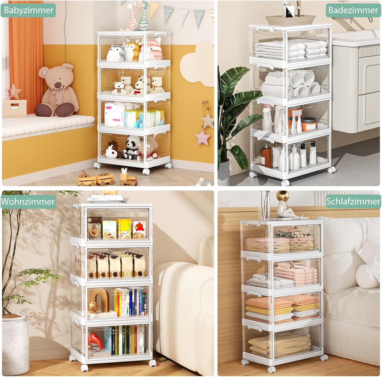 Aufbewahrungsboxen mit Deckel – 4-stöckige stapelbare Kunststoffboxen, 23 l transparent, große Organizer-Behälter für Schlafzimmer, Wohnzimmer, Badezimmer, 4 Ebenen und 1 Deckel – Bild 3