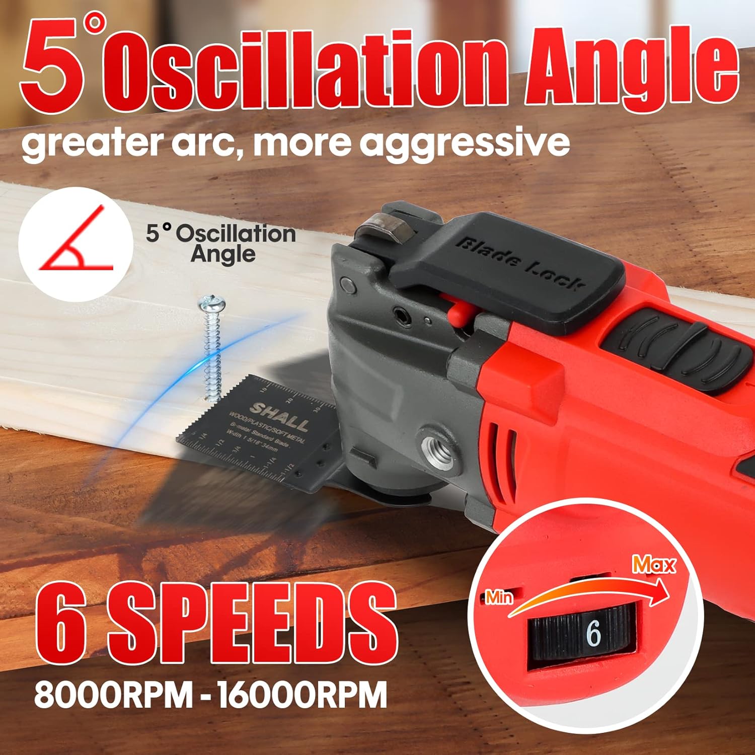 SHALL Oszillierwerkzeug, 500-W-Oszillier-Multitool-Kit mit 5° Oszillationswinkel, Schnellwechsel, 6 Geschwindigkeiten, Zusatzhandgriff, 34 Sägezubehörteilen und Tragetasche – Bild 2