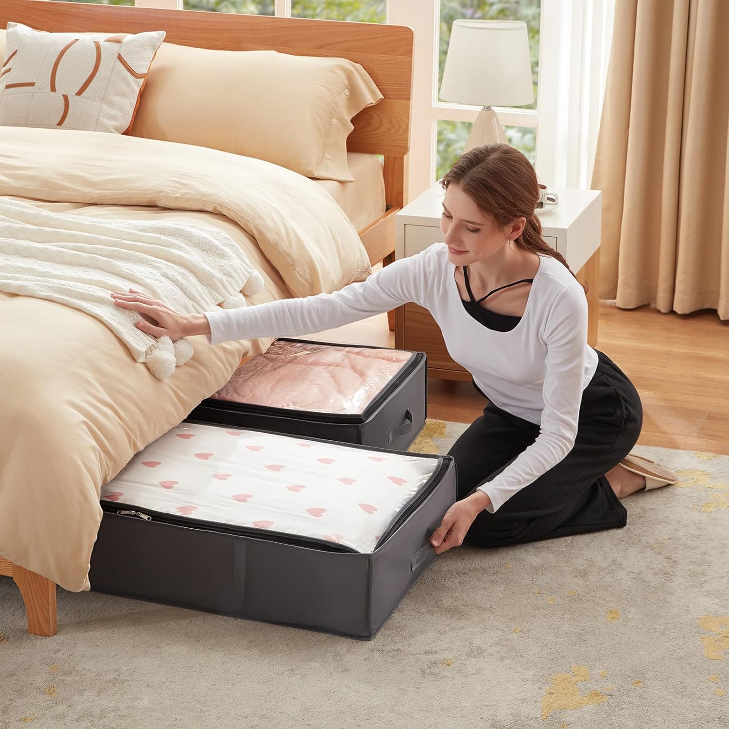 Lifewit Aufbewahrungstasche, Unterbett-Aufbewahrungstasche, Transporttasche, Umzugstaschen, Aufbewahrungsbox mit Deckel, faltbare Kleideraufbewahrung für Bettdecken, Kleidung, grau, 4 Stück, 95 l – Bild 8