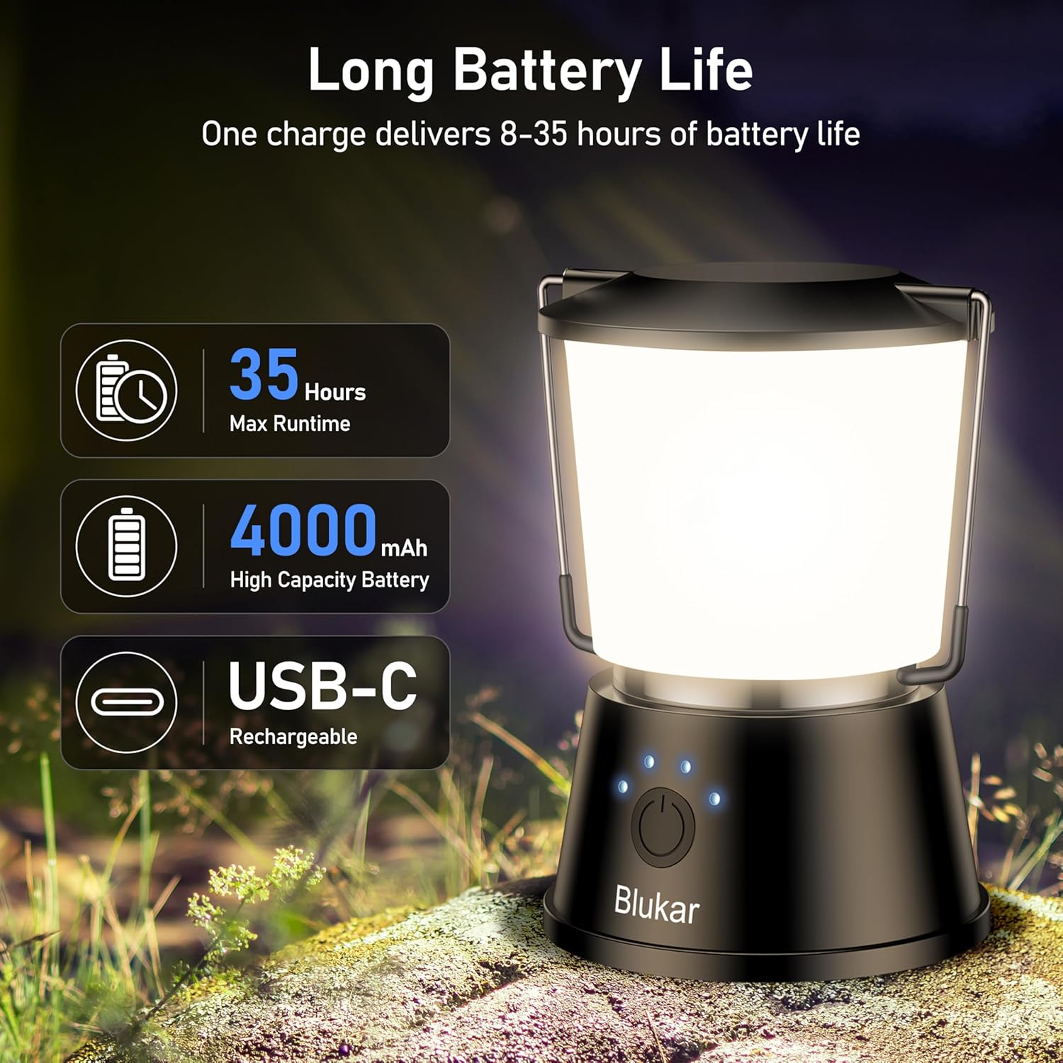 Blukar LED Campinglampe tragbar, 2000 L superhelle Campinglaterne, wiederaufladbare Zeltlampe mit Haken, stufenlos dimmbar & 5 Lichtmodi, 8+ Stunden Dauer, Notlicht für Camp, Stromausfall Schwarz | 360° superhelle Vorhanglampe mit 5 Modi für den Außenbereich/Notfall/Stromausfall – Bild 6