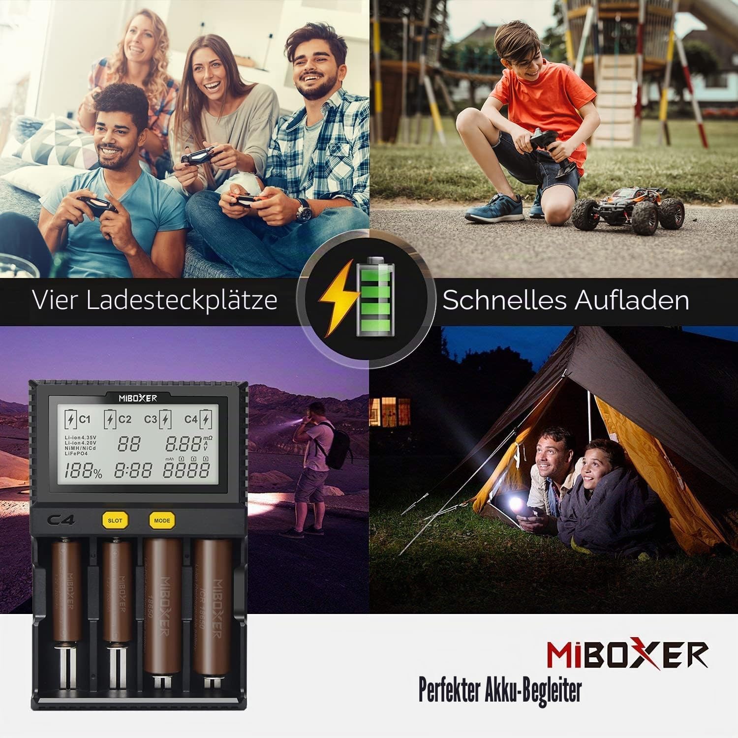 Universal-Akkuladegerät, 18650 Akkuladegerät mit 4 Steckplätzen, LCD-Display Akkus Ladegerät für Li-Ion LiFePO4 NI-MH NI-Cd AA AAA C 18350 18500 18700 20700 21700 26650 RCR123 – Bild 7