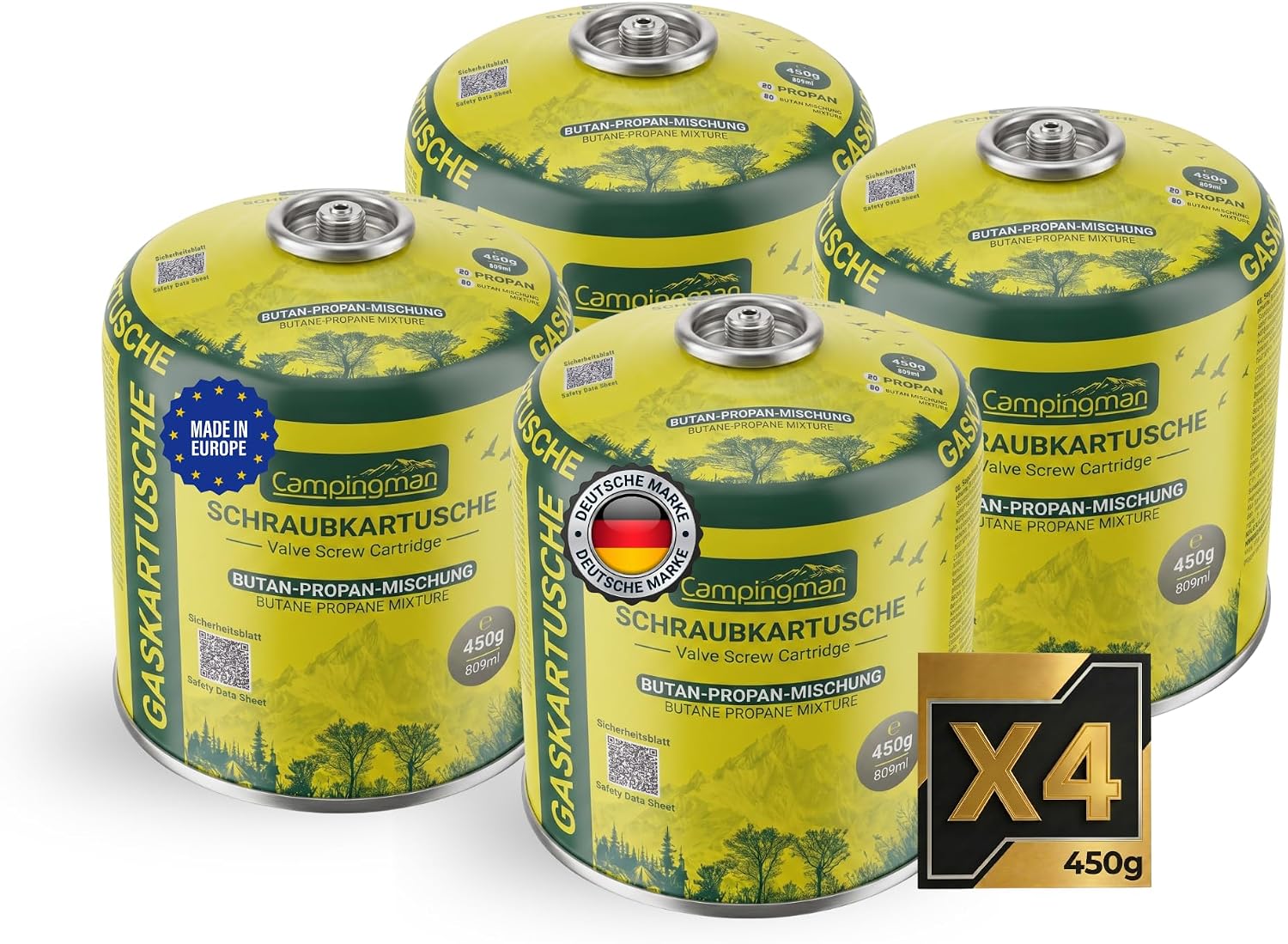 Campingman 4 x Gaskartusche 450 g, EN417 Schraubkartusche mit Schraubventil, Butan-Propan-Gas, Geräte mit 7/16 Zoll Gewinde, Ventilkartusche für Campingkocher, Weber Gasgrill, Camping & Outdoor