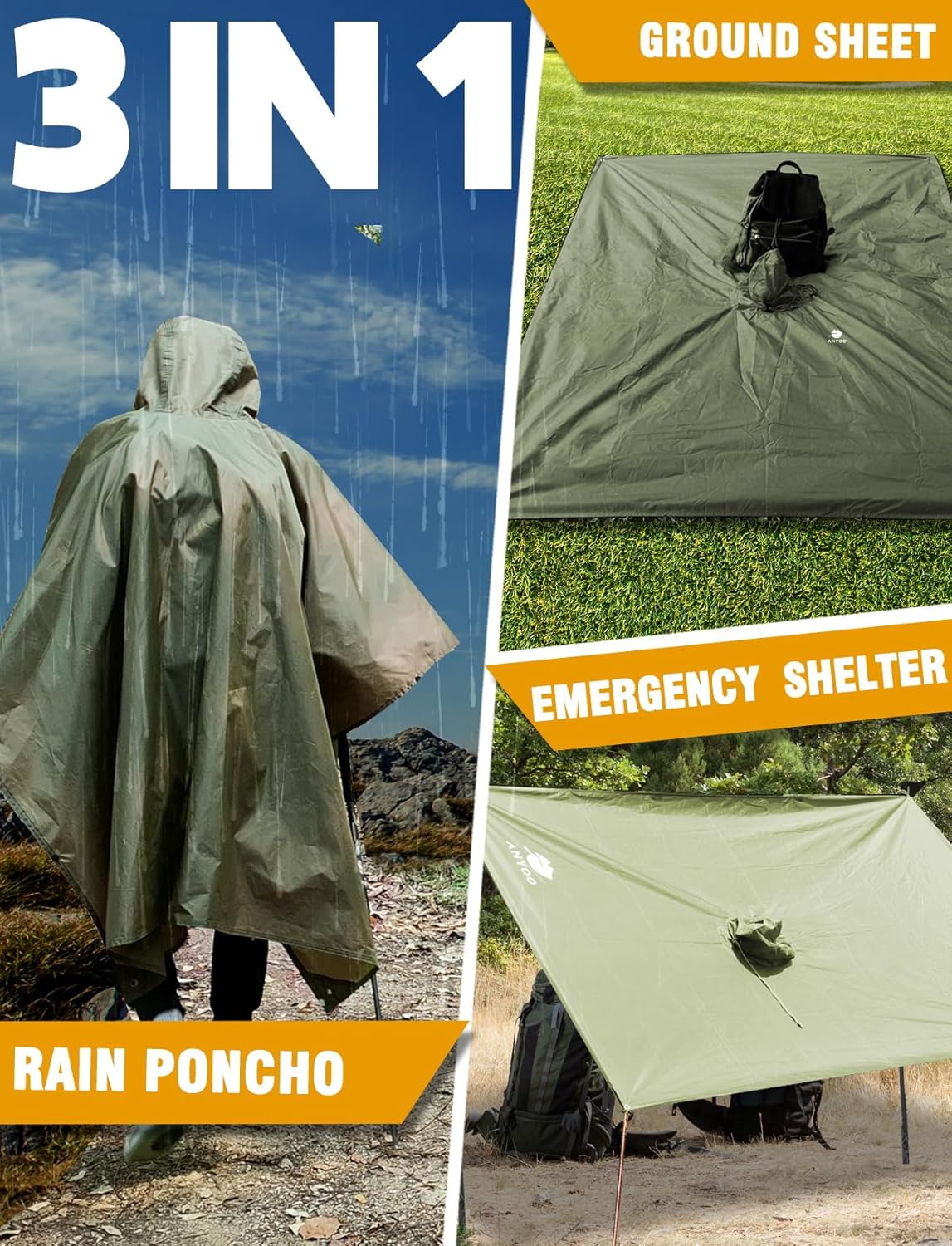 ANYOO Leichte, wasserdichte Regenjacke, wiederverwendbar, Ripstop, atmungsaktiv, Mehrzweck-Regenmantel mit Kapuze, faltbare Schutzdecke, Schutzplane, ideal für draußen, Camping, Wandern, Angeln – Bild 6