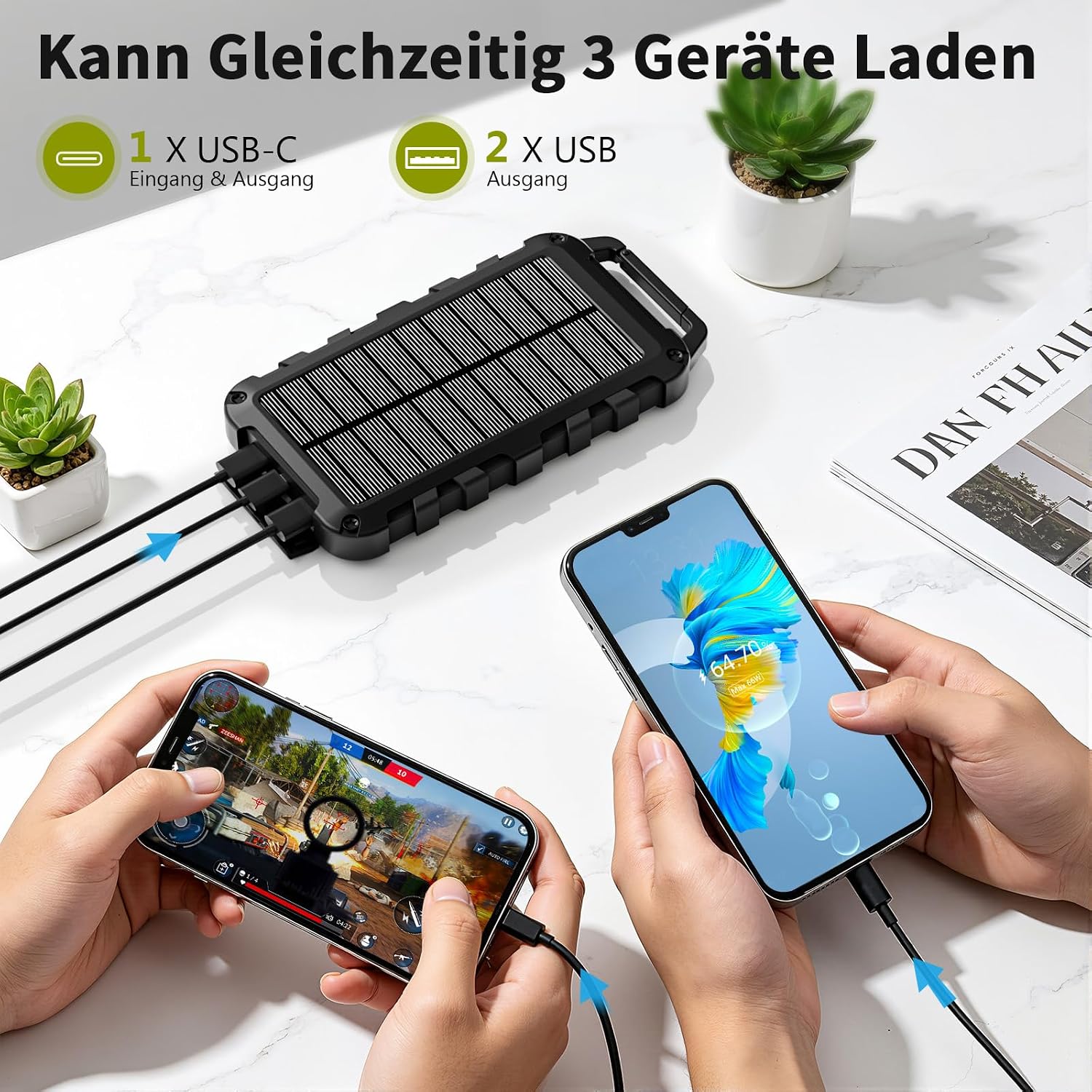 Solar Power Bank 10000 mAh PD 22,5 W Tragbares Solarladegerät USB C Outdoor Wasserdichter externer Akku mit LED-Licht und 3 Ausgängen für Tablets Smartphones Outdoor Camping Schwarz – Bild 2