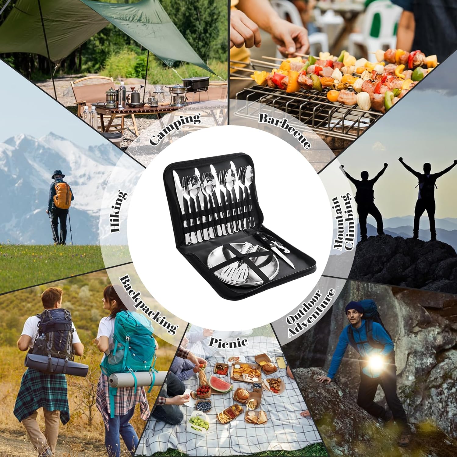 Campinggeschirr-Set für 4 Personen, 22-teiliges tragbares Campingbesteck-Set, Besteck Camping mit Löffel, Gabel, Messer, Tellerklammer, Schneidebrett aus Edelstahl 304, Bestecktasche für Picknick, Reisen – Bild 7