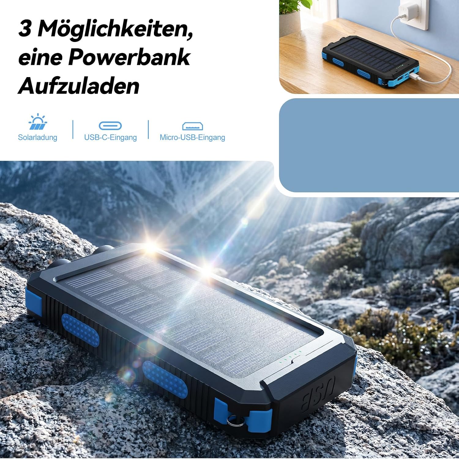 Vikeri Solar Power Bank 26800 mAh, Power Bank Solar Wasserdicht USB C Externer Akku mit 4 Ausgängen, Powerbank für Smartphones, Tablets und mehr (Blau) – Bild 7