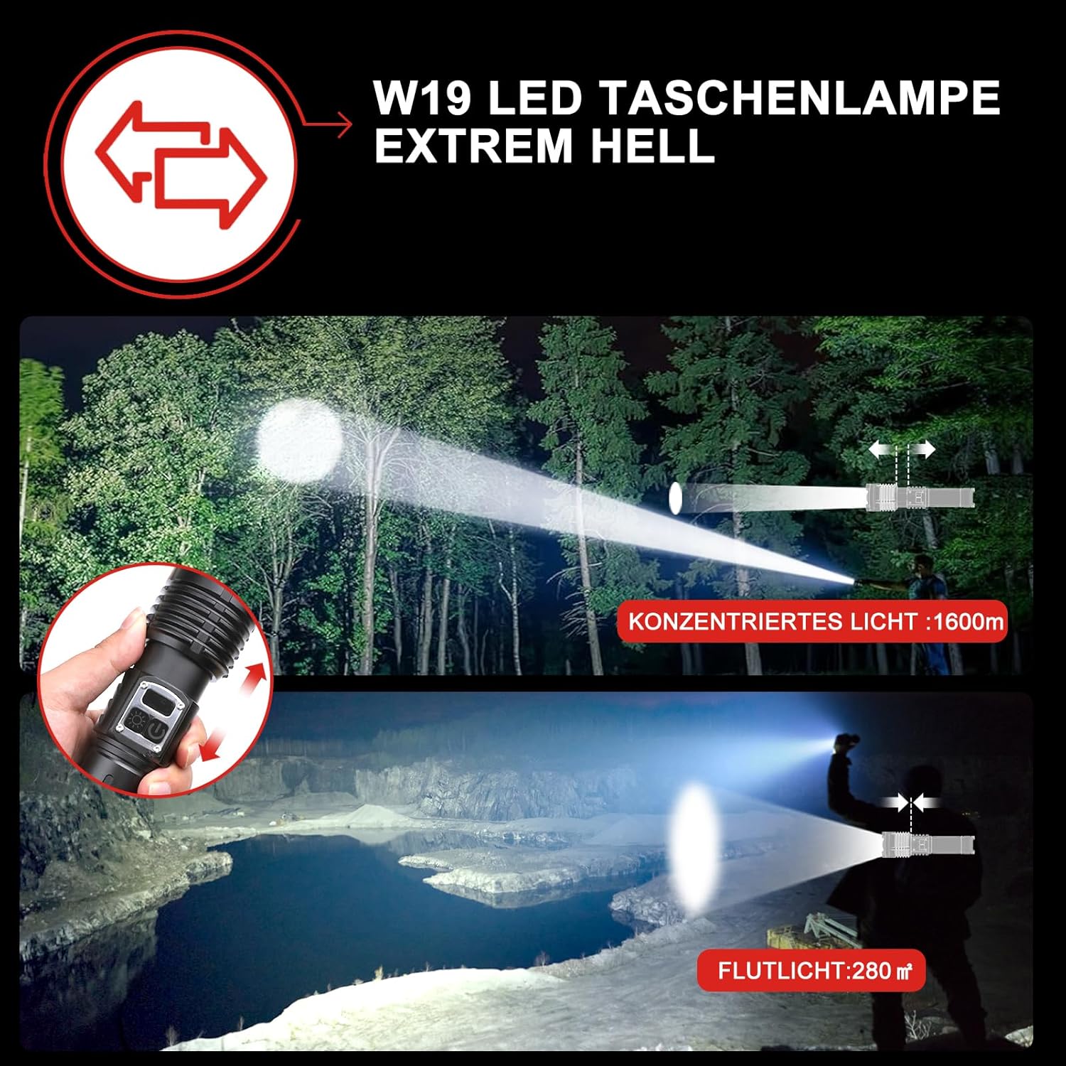 Taschenlampe LED wiederaufladbar, 1.000.000 LM – 50 W, 2-Schalter-LED-Taschenlampe, extrem hell, 1600 m Weitschuss, starke taktische Taschenlampe, stufenlos dimmbar, mit Stirnlampe für Notfälle im Freien – Bild 3