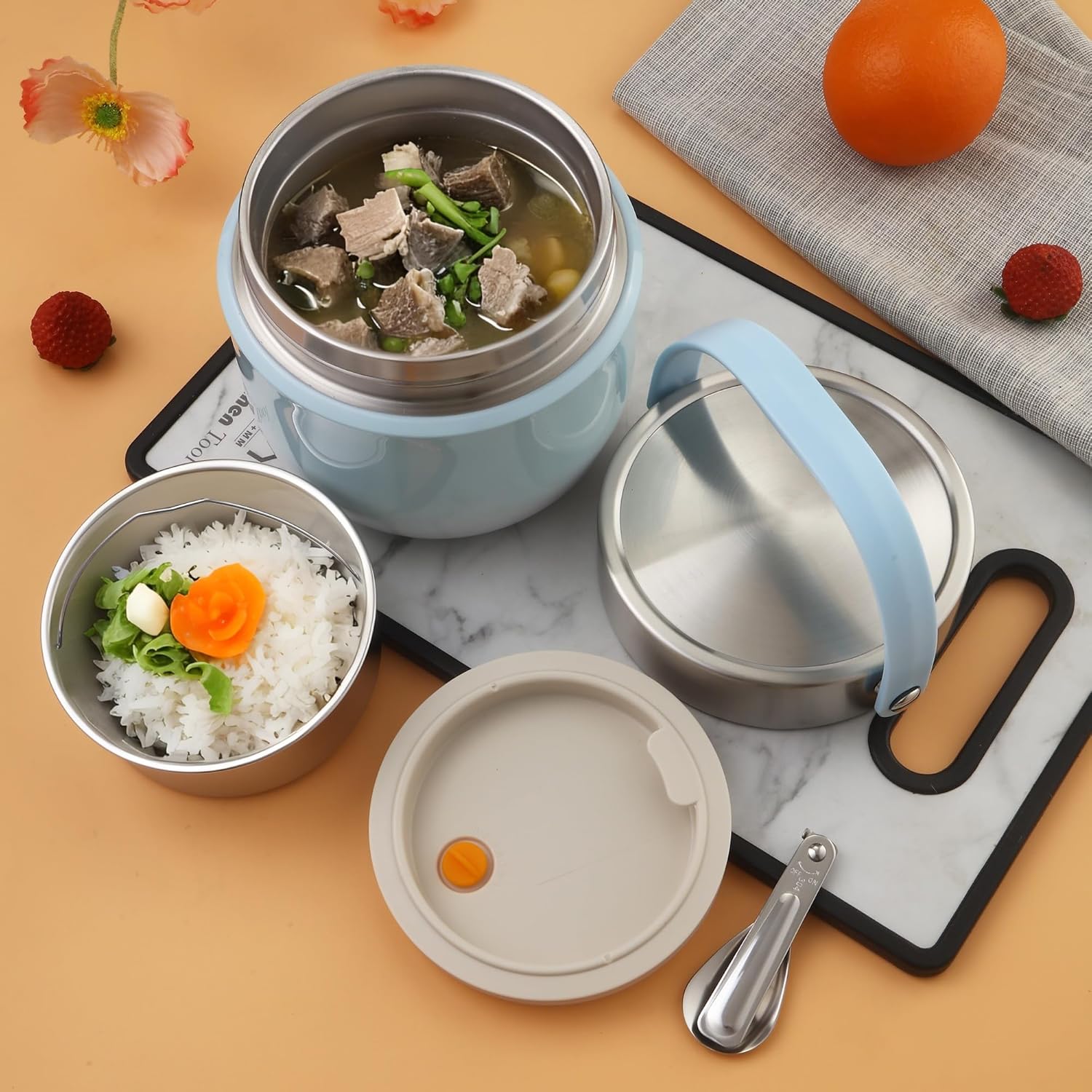 Thermo-Lebensmittelbehälter 1200 ml Fassungsvermögen Warmhaltebehälter Essen Thermoschüssel mit Deckel, Thermo-Brotdose zur Aufbewahrung von Mittagessen, Suppen, Brei (Blau) – Bild 6