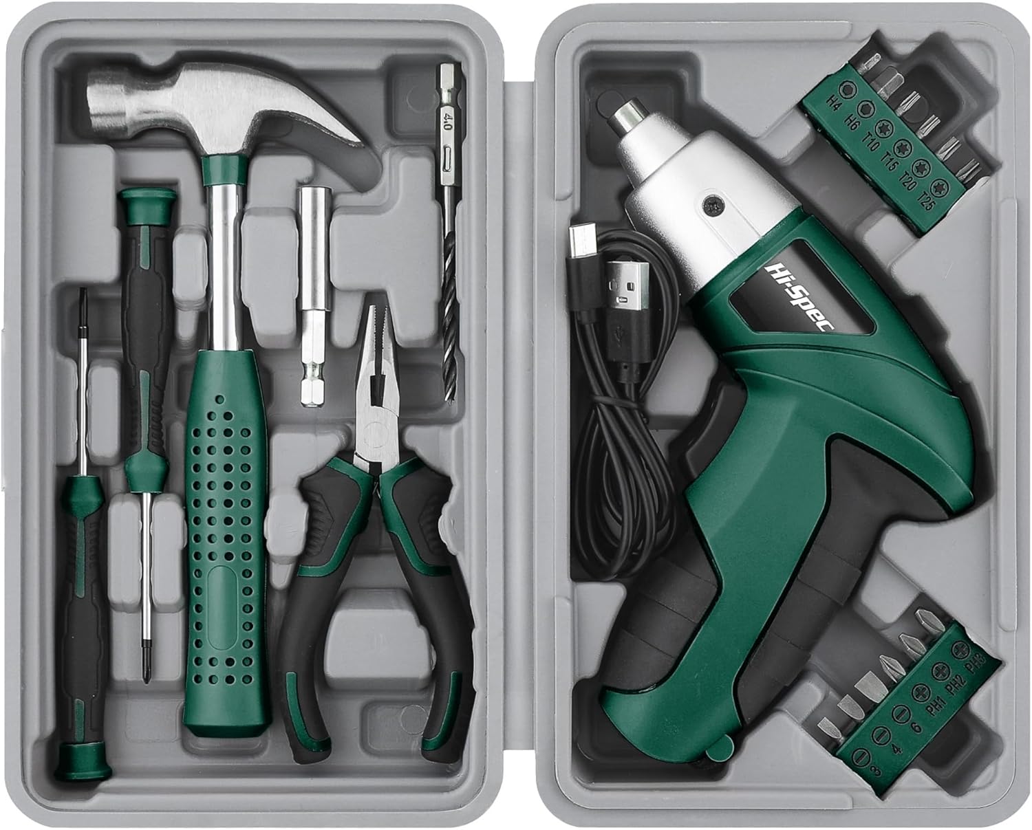 Hi-Spec 19-teiliges grünes Werkzeugset mit USB 3,6 V Akkuschrauber. Kleines Werkzeugset mit Elektroschrauber, Bitsatz, Hammer, Zange und mehr, alles in einem kleinen Werkzeugkasten | 19 Teile, Bits, Hammer, Zange und kompakte Box, für Montage, Möbel- und Haushaltsreparaturen, für den täglichen Gebrauch
