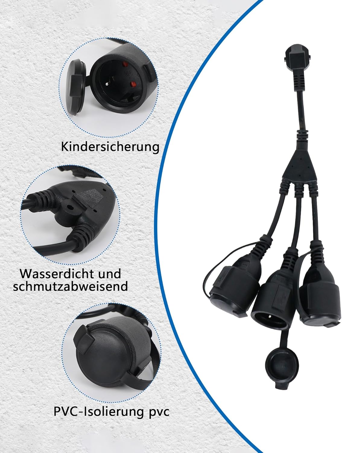 Outdoor-Verlängerungskabel mit 3 Schuko-Steckdosen: IP44 wasserdichte Stromkabelverlängerung – Outdoor-Steckdosenverteiler, Dreifachstecker für Zuhause, Büro, Outdoor – Bild 4