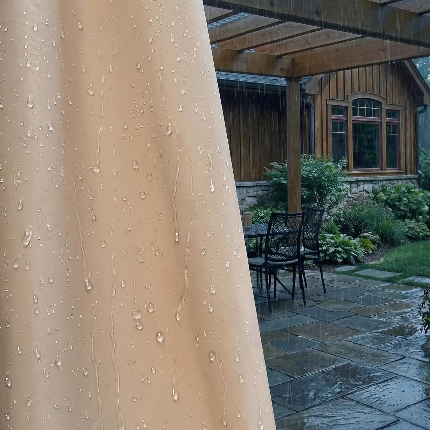 2er-Set Outdoor-Vorhänge, wetterfest mit Ösen, Outdoor-Vorhänge, wasserdichte Outdoor-Vorhänge, Sonnenschutz, Sichtschutz für Balkon, Pergola, Terrasse, Veranda (132 x 215 cm, Beige) – Bild 8