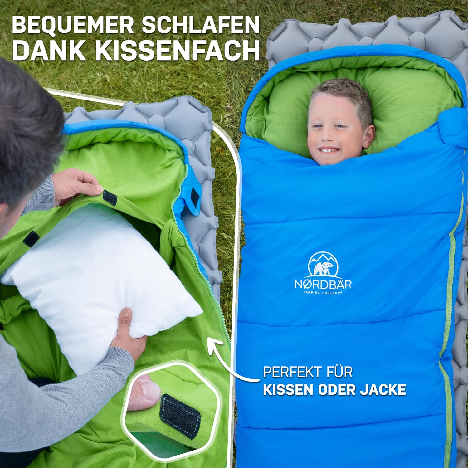 NORDBÄR® Kinderschlafsack für Jungen und Mädchen (175 x 70 x 45 cm) | Innenfutter aus 100 % Baumwolle | Mumienschlafsack leicht und warm | Outdoor-Schlafsack für Kinder (1200 g) | Camping – Bild 5
