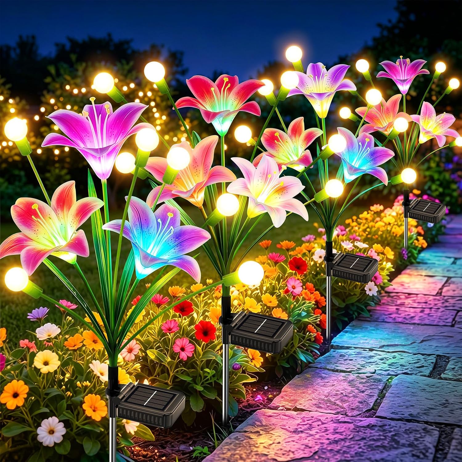 BUCASA Firefly-Solarleuchten für den Garten im Freien, 4 Stück, 36 LEDs, helle Solarleuchten für den Außenbereich mit warmweißen Glühwürmchen und farbigen Lilienblüten, verbesserte schwingende Solar-Gartenleuchten für Wege, Hof, Balkon