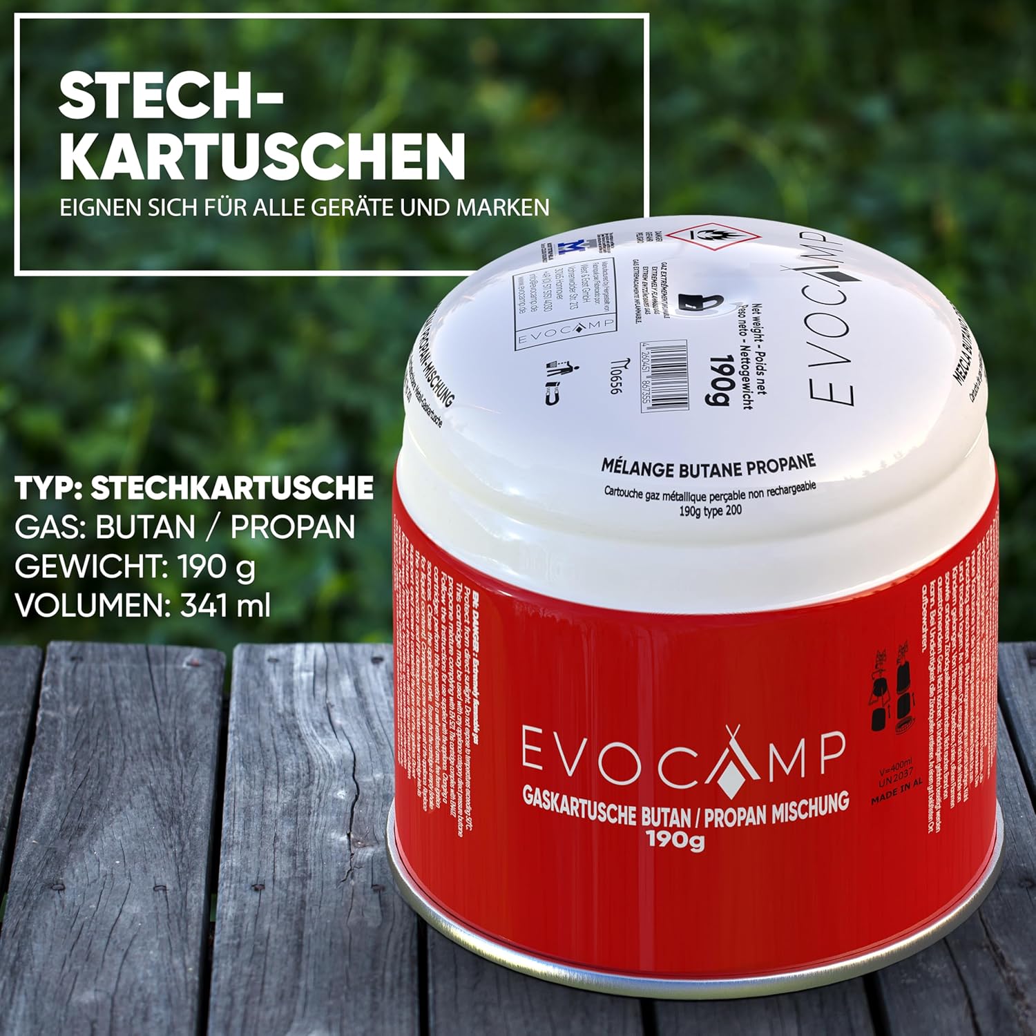 EVOCAMP 4 x durchstechbare Kartuschen 190 g, Propan-Butan-Gaskartuschen mit integriertem Gas-Lock-System, Gaskartusche mit Campinggas, geeignet für Gaskocher, Campingkocher, Gasbrenner, Kohleanzünder, Lötlampe – Bild 2