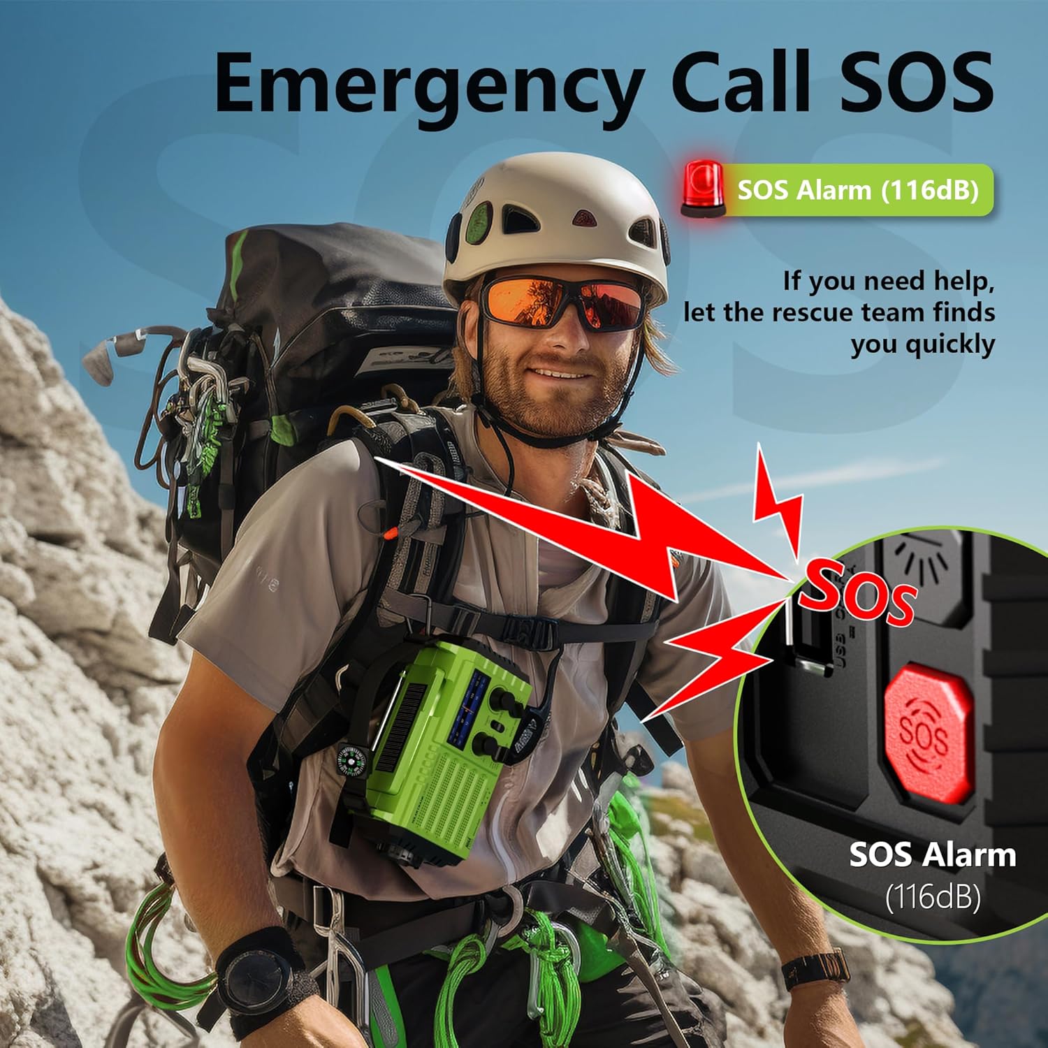 AM/FM/SW Baustellenradio, Kurbelradio, tragbares 5-Wege-Wetter-Solarradio, Dynamo-Handkurbel, Powerbank, LED-Campinglicht, SOS-Alarm, Kompass, USB-Anschluss zum Aufladen des Mobiltelefons im Notfall – Bild 6