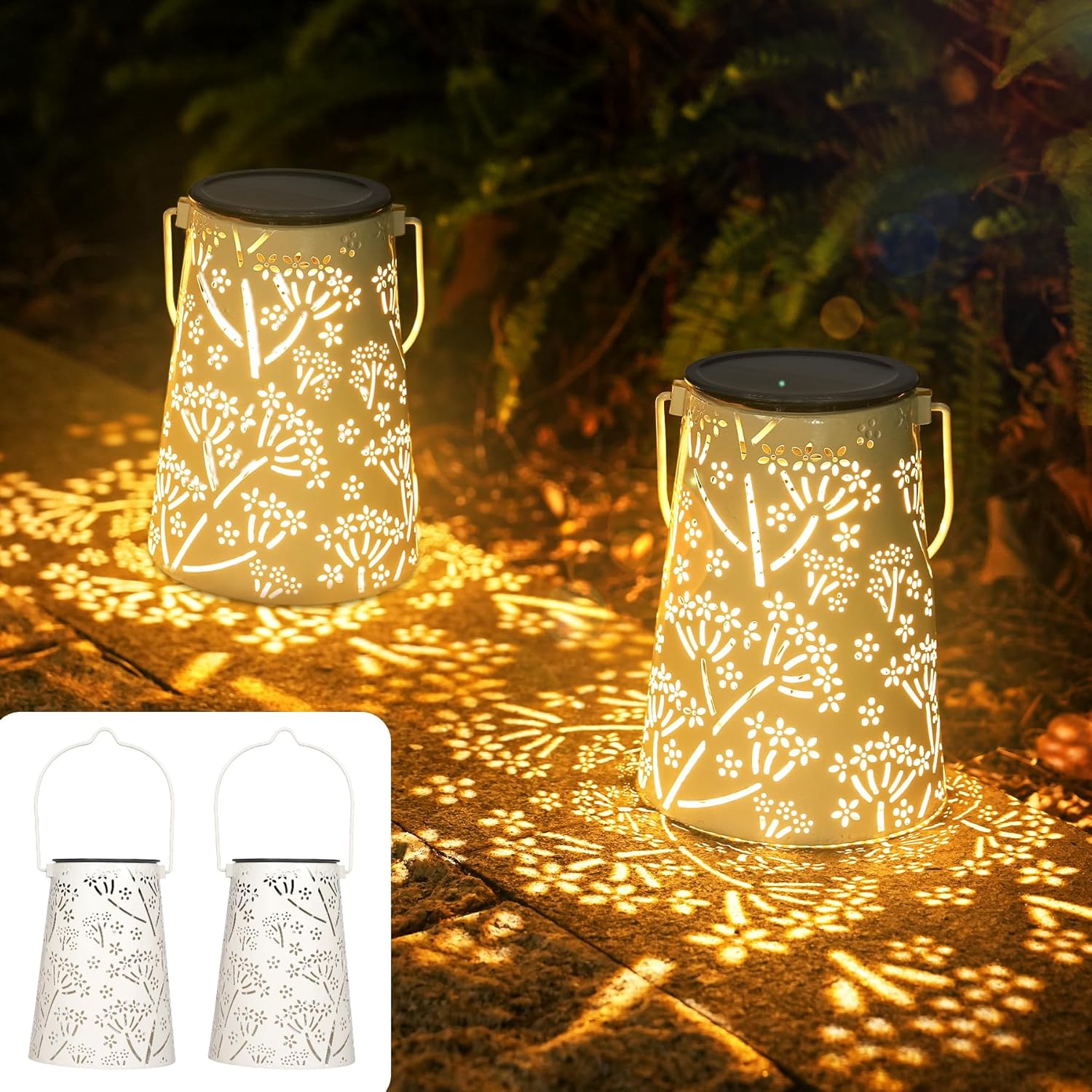 Geschenke für Frauen, JOYCREATOR Solarlaternen für den Außenbereich, 2 Stück, LED-Solarlaterne für den Außenbereich, IP65 Metall hängend/stehend, Outdoor-Solarleuchten für draußen, Garten, Dekoration, Hof, Terrasse, Weg, Balkon (weiß)