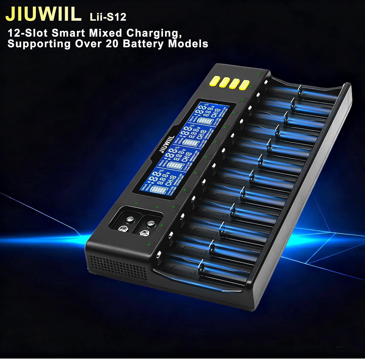 18650 Akkuladegerät, JIUWIIL 12+2 Bay Schnellladegerät Universal-Akkuladegerät mit LCD-Display für wiederaufladbare Akkus Li-Ion LiFePO4 26650 17500 16340 18650 14500 10440 & 9V – Bild 7