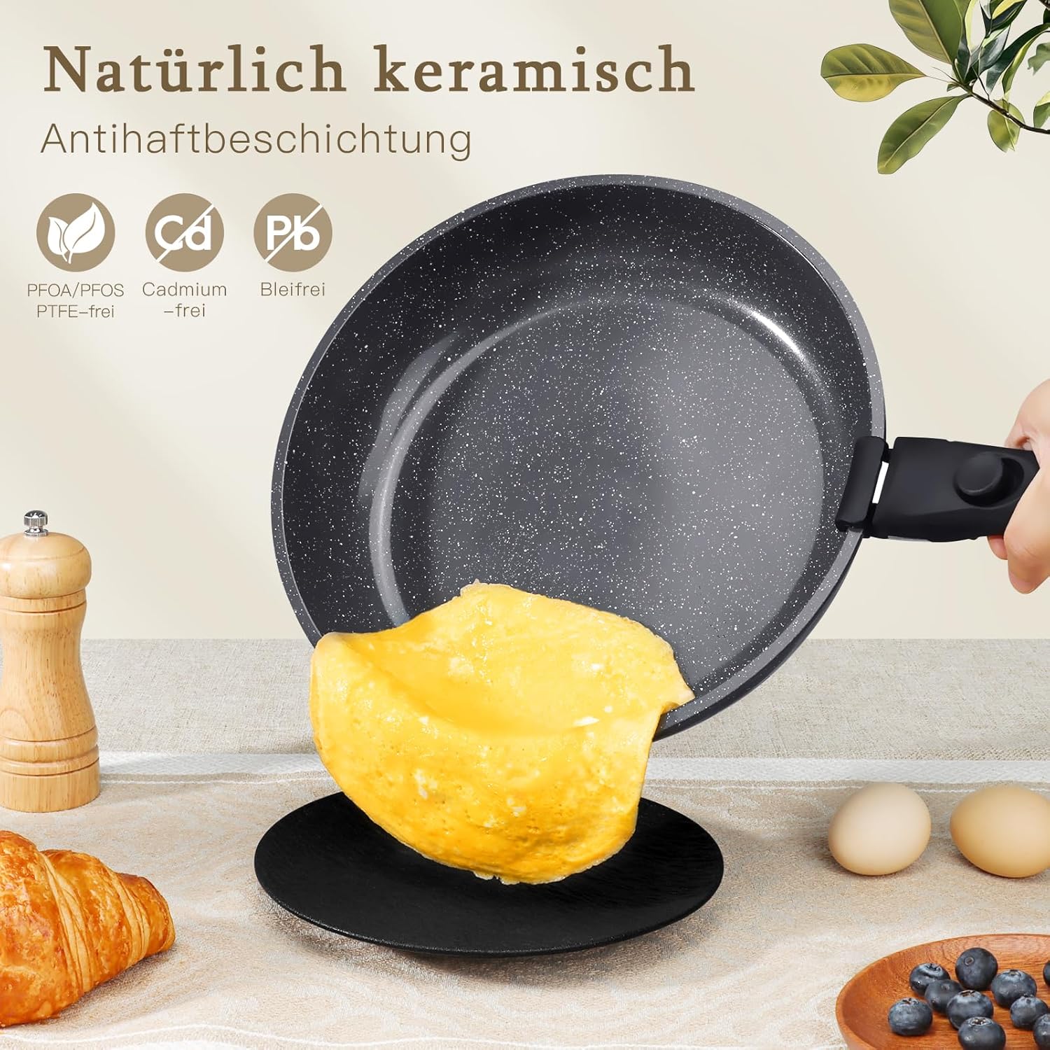GiPP Kochgeschirr-Set mit abnehmbaren Griffen, 21-teiliges Induktions-Pfannenset mit Granit-Antihaftbeschichtung, ofenfest, für alle Herdarten geeignet – Bild 2