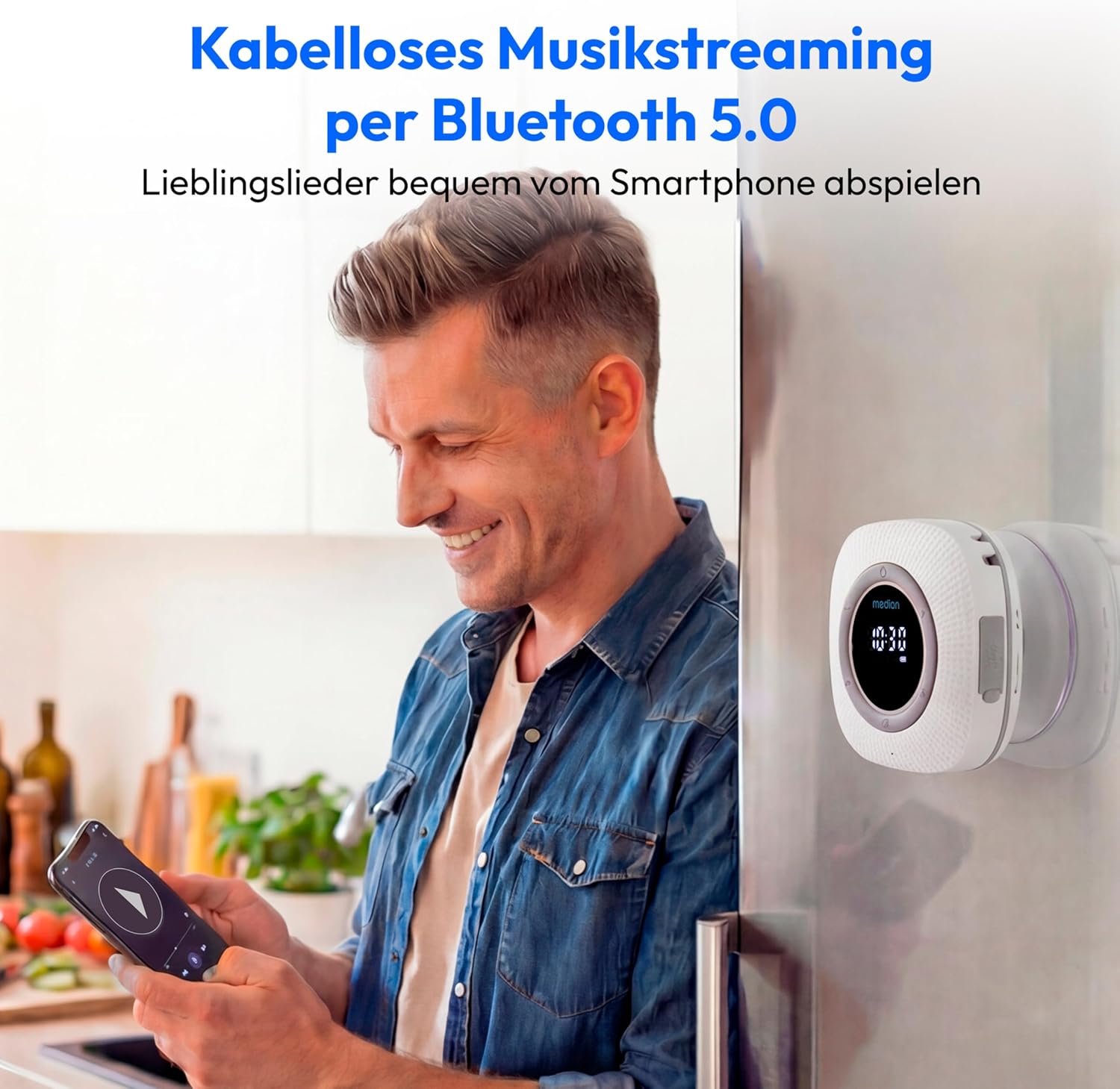 MEDION S66884 Duschradio mit Bluetooth (Badezimmerradio, UKW-Radio, Saugnapf, LED-Display, IPX6 wasserdicht, integrierter Akku, MD43884) weiß – Bild 6