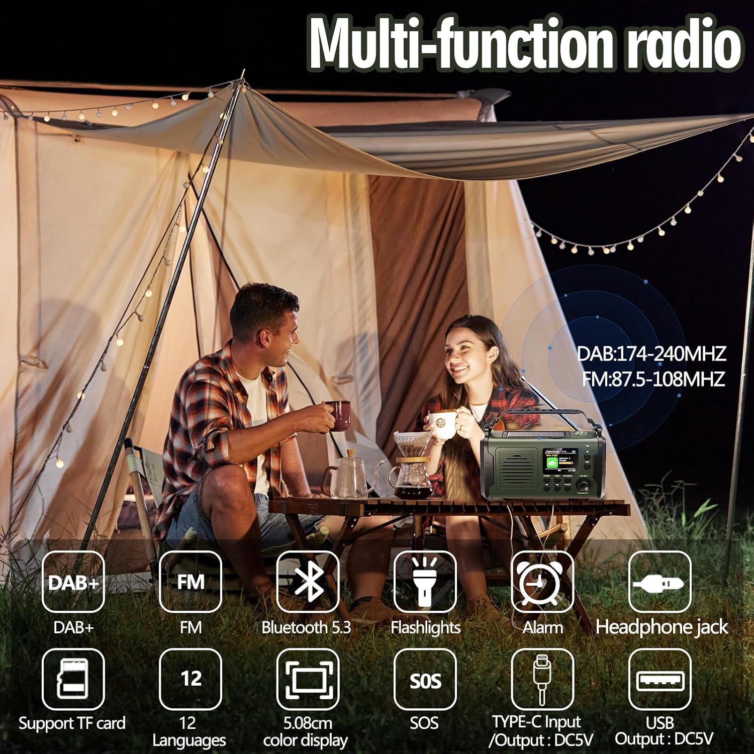 20000 mAh Kurbelradio mit Handy-Ladefunktion, Solar-DAB/DAB+/FM-Radio, 3 Lademethoden, 11 in 1 Bluetooth 5.3 tragbares Notfallradio mit Powerbank, SOS, Taschenlampe, Kompass, TF-Karte, Leselampe – Bild 5