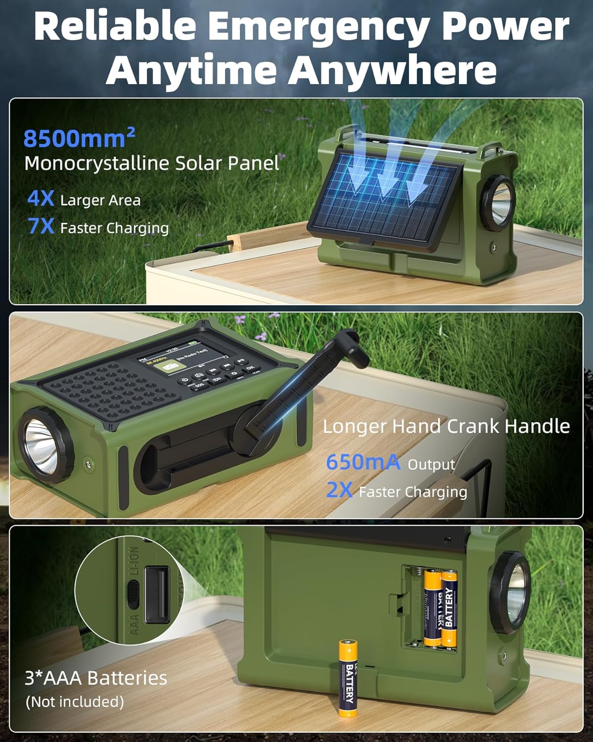 12000 mAh Kurbelradio, DAB+/FM, Notfallradio mit 8500 mm² Solarpanel & 650 mA Handkurbeldynamo, Solarradio mit Bluetooth 5.0, Taschenlampe & Ladegerät, USB, SOS, tragbares Radio für Camping & Notfälle – Bild 4