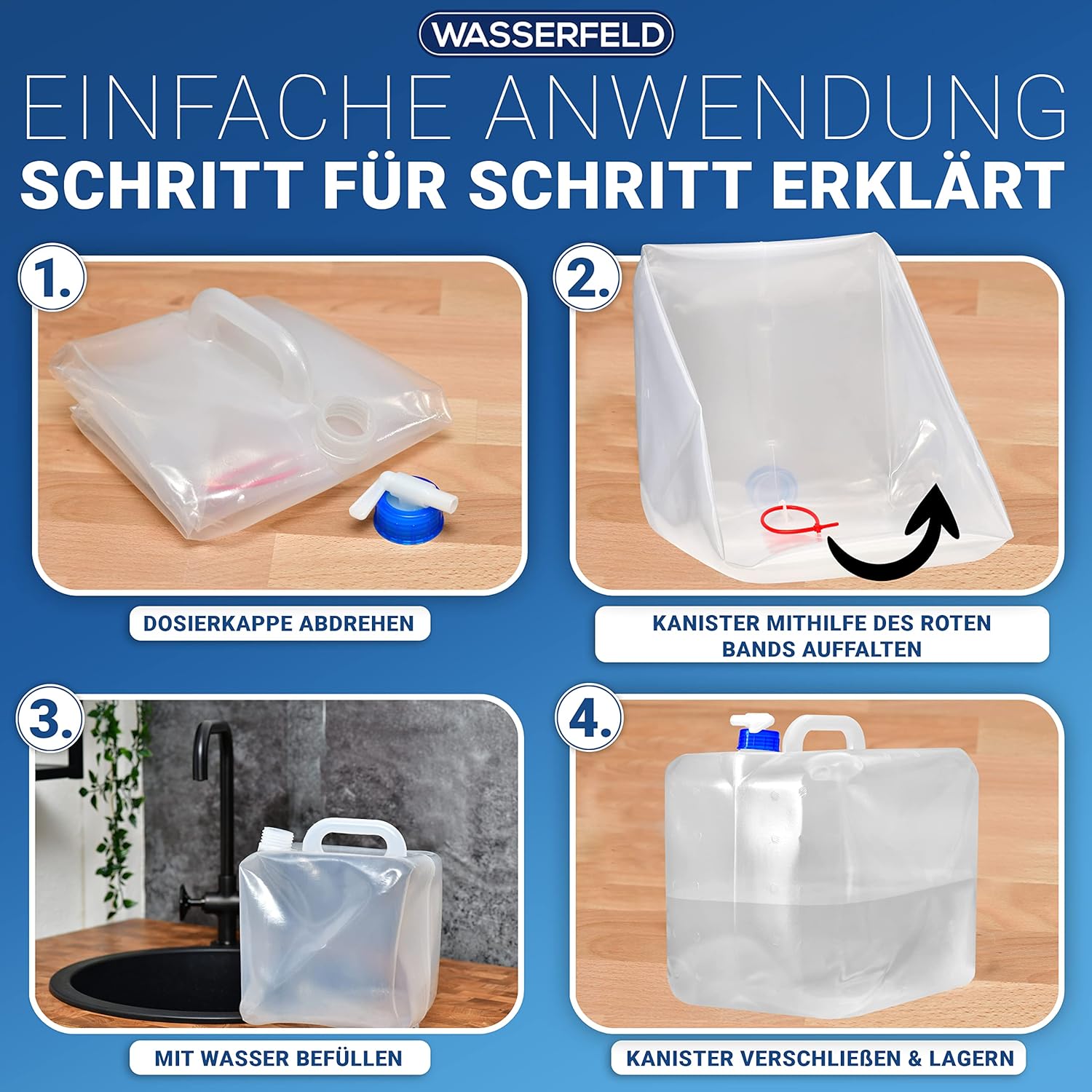 WASSERFELD (10 L - 20 L Wasserkanister faltbar inkl. auslaufsicherem Dosierhahn und Tragegriff – robuster Trinkwasserkanister mit Verschlussklappe – auslaufsicherer Wasserbehälter – Bild 8