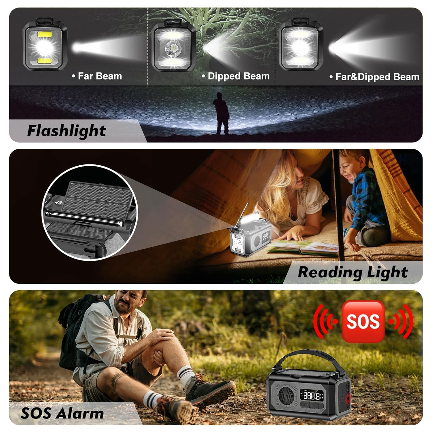 12000 mAh Kurbelradio mit Handy-Ladefunktion, Solarradio mit 2 Solarpanels, tragbares AM/FM-Notfallradio mit Kopfhöreranschluss/Leselicht/LED-Taschenlampe/Kompass/SOS-Alarm für Camping Outdoor G – Bild 6