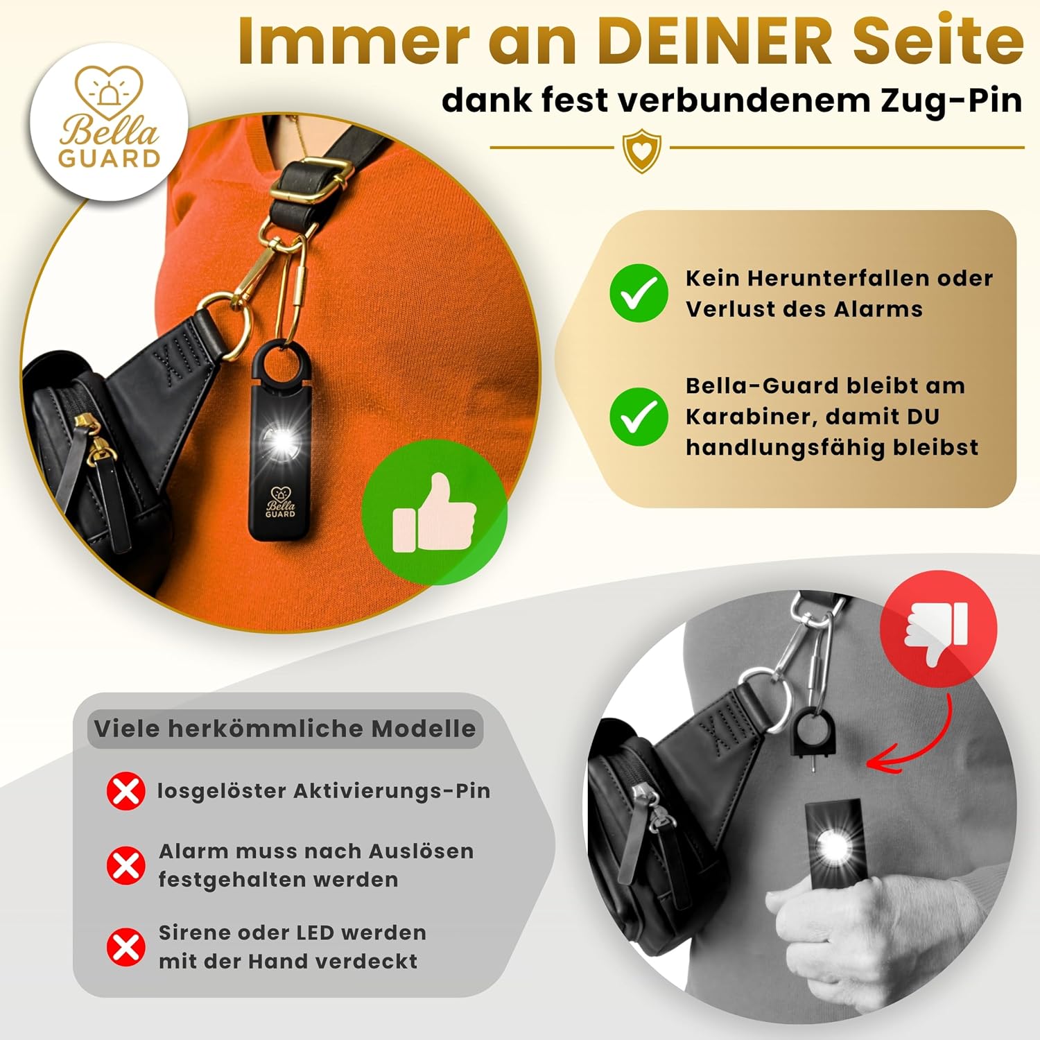 Bella Guard Taschenalarm – SOS-Notruffunktion über Bluetooth, Sirene 130 dB lautes LED-Blitzlicht, wiederaufladbarer Akku, Alarm für Frauen unterwegs zum Selbstschutz (schwarz) – Bild 6