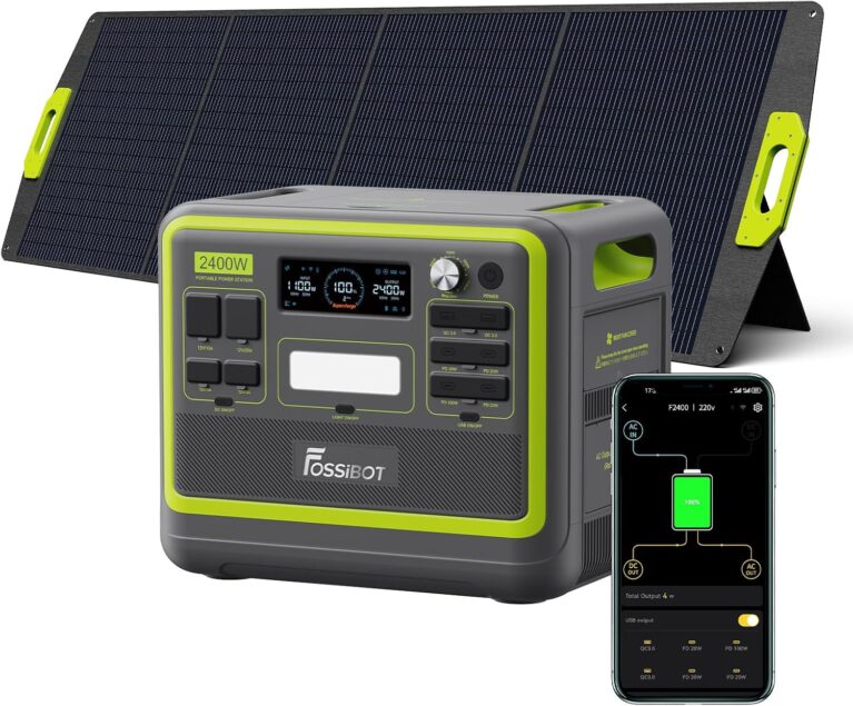 FOSSIBOT Solargenerator F2400 (2400 W), Teil mit 200 W Solarpanel auf dem Balkon, 3 x 2400 W AC-Ausgänge (4800 W Spitze), 1100 W superschnelles tragbares Kraftwerk für Zuhause, Camping, Wohnmobil und Notfall