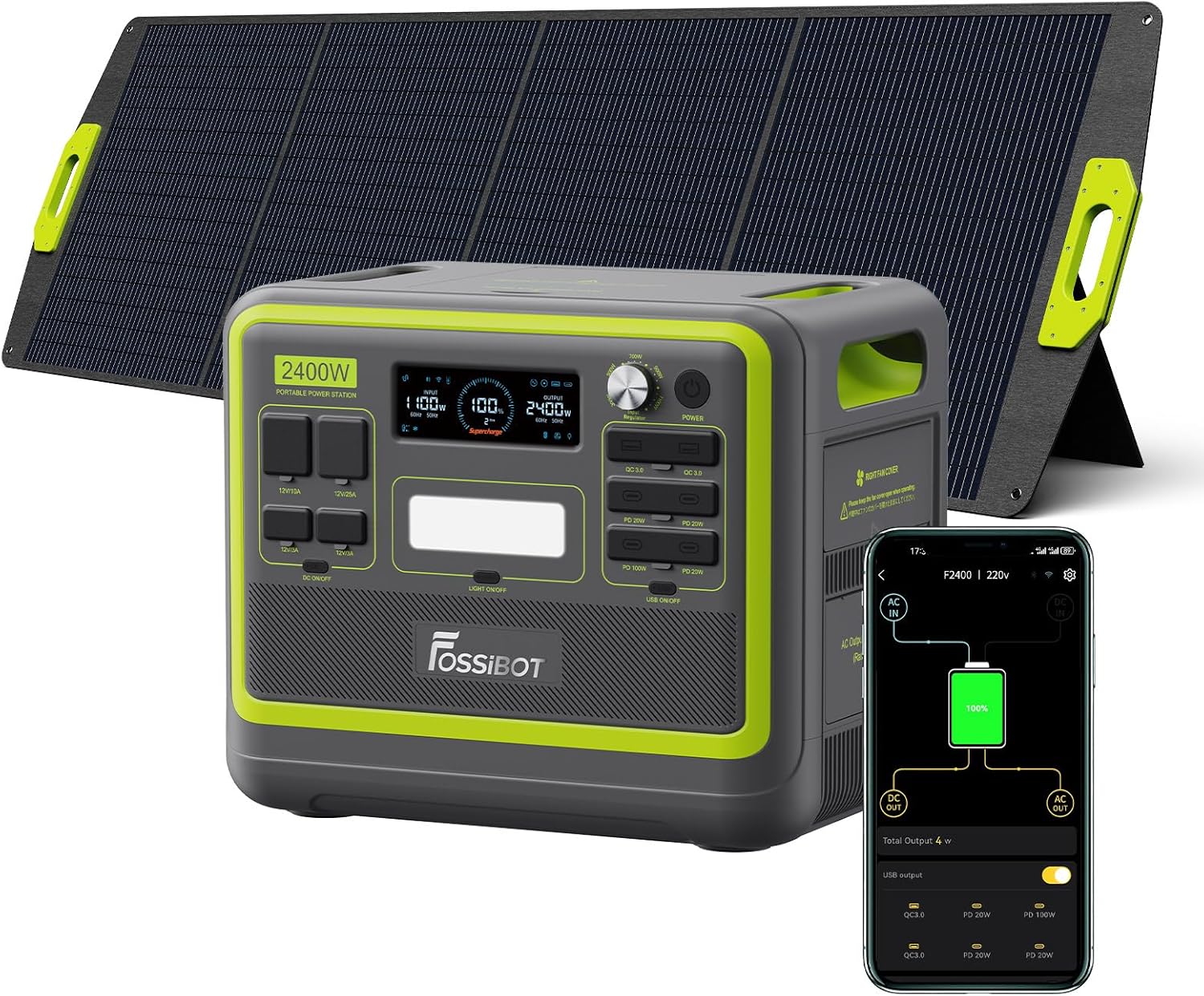 FOSSIBOT Solargenerator F2400 (2400 W), Teil mit 200 W Solarpanel auf dem Balkon, 3 x 2400 W AC-Ausgänge (4800 W Spitze), 1100 W superschnelles tragbares Kraftwerk für Zuhause, Camping, Wohnmobil und Notfall