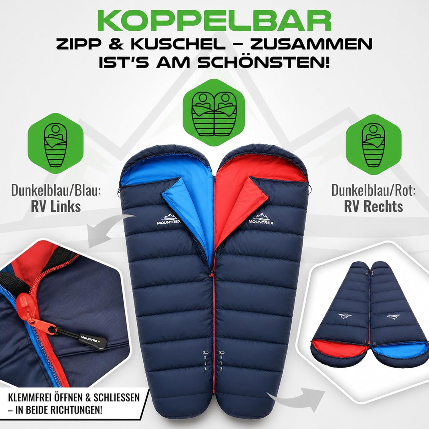Mountrex Schlafsack – kleines Packmaß und ultraleicht (720 g / 1500 g) – Outdoor-Sommerschlafsack (100 g/m²) / 3 – 4 Jahreszeiten (300 g/m²) Mumienschlafsack – Camping, Reisen, Festival – warm und zusammenzippbar – Bild 6