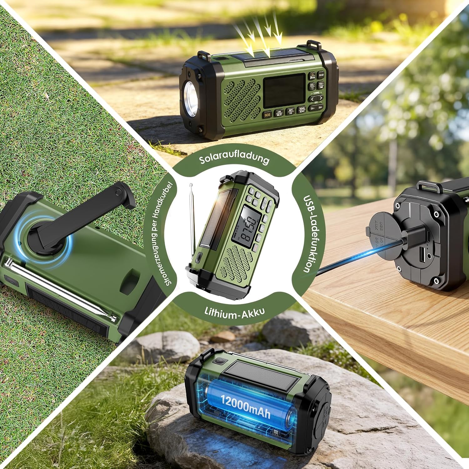 Vikeri Kurbelradio 12000 mAh, Notfallradio mit Kurbel und Solar mit AM/FM/SW, LED-Campinglicht, SOS-Alarm, Kompass, USB-C-Handyladung, tragbares Radio mit Tragegurt für den Notfall (Grün). – Bild 3