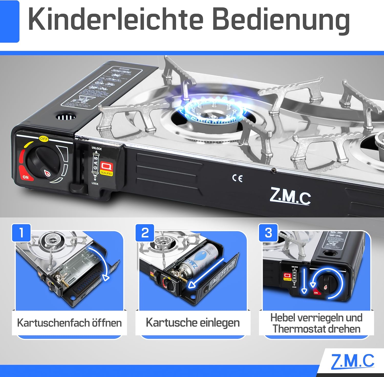 ZMC Gaskocher 2-flammig, 2 x 2,5 kW, LPG-Adapter + Aufbewahrungskoffer, Campingkocher mit Piezo-Zündung, optional mit Grillplatte und Gaskartuschen, 227 g, für den Außen- und Innenbereich – Bild 5