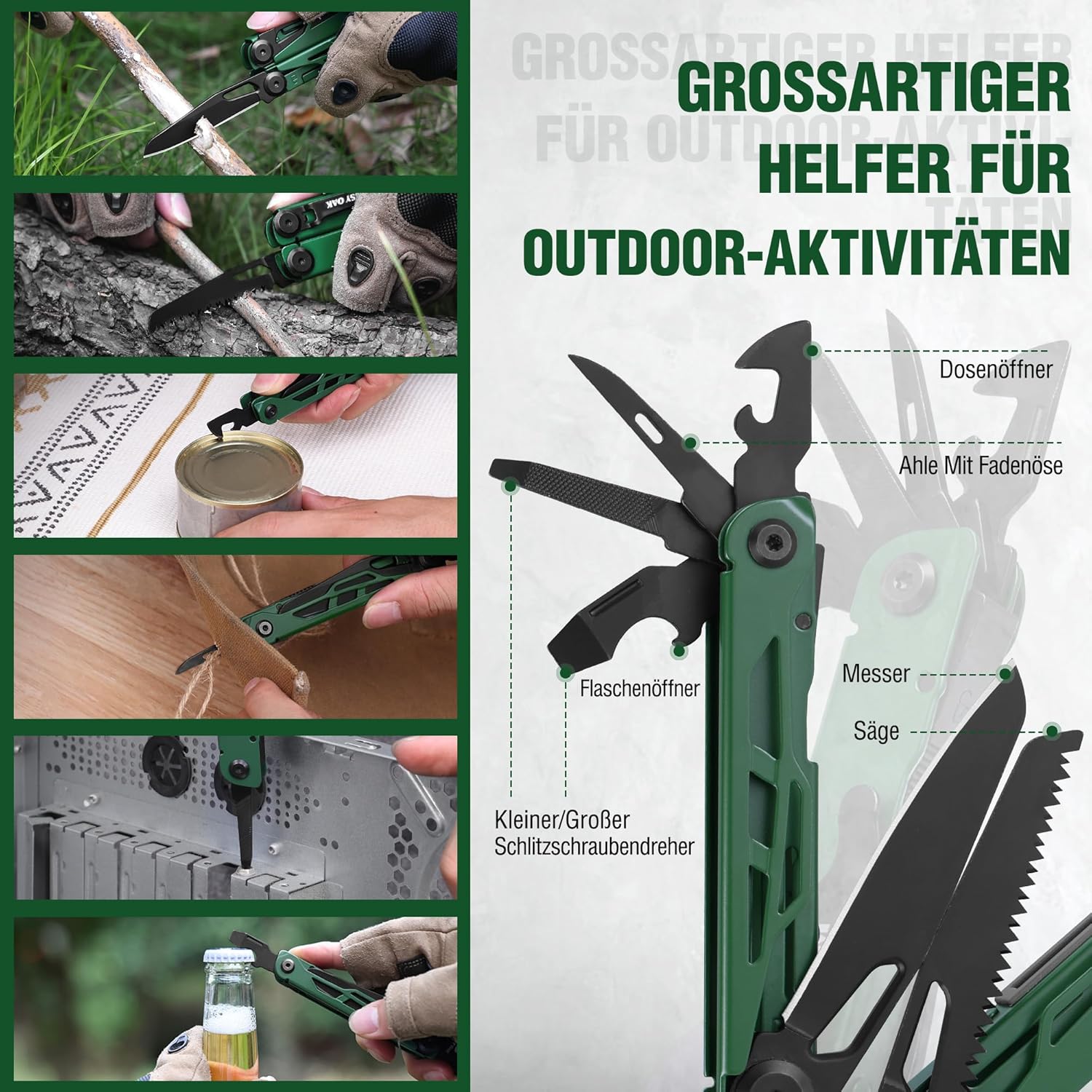 Mossy Oak Multifunktionszange, 27-in-1 Multitool-Werkzeug, faltbares Edelstahl-Multifunktionswerkzeug, Multifunktionszange mit 4 Bits, Messer, zum Wandern, Camping, Reparieren mit Tragetasche, Grün | Inklusive Messer, Feueranzünder, Pfeife, Flaschenöffner und Schraubenzieher für Camping, Wandern und Outdoor-Abenteuer – Bild 5