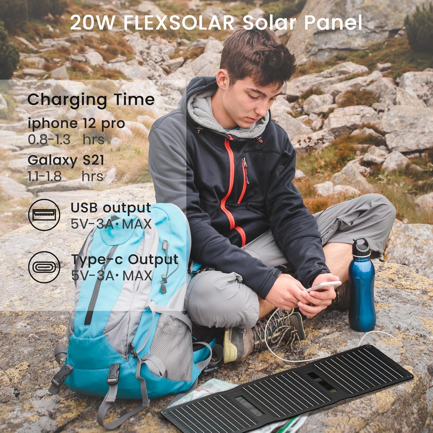 FlexSolar 20 W tragbares faltbares Solarladegerät – USB-A und USB-C, 5 V 3 A, IP67 wasser- und staubbeständig, Hochleistungs-Solarpanel für Outdoor, Wandern, Camping, Notfälle – Bild 3