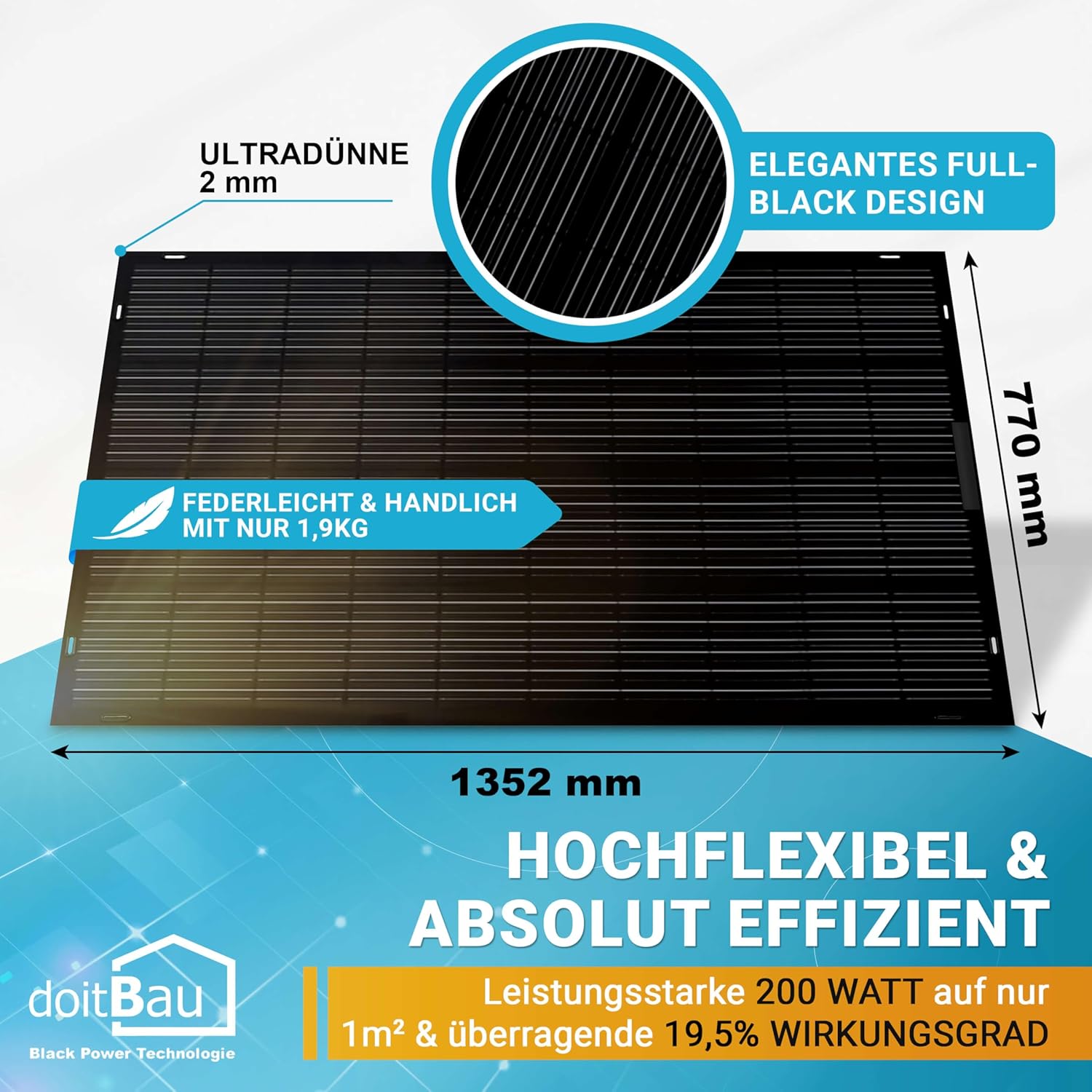 doitBau Flexibles Solarpanel 200 W, komplett schwarz mit Backbox – ultradünn 2 mm, 1,9 kg – 1352 x 770 mm für Wohnmobil, Boot, Balkon und Dach – Bild 2