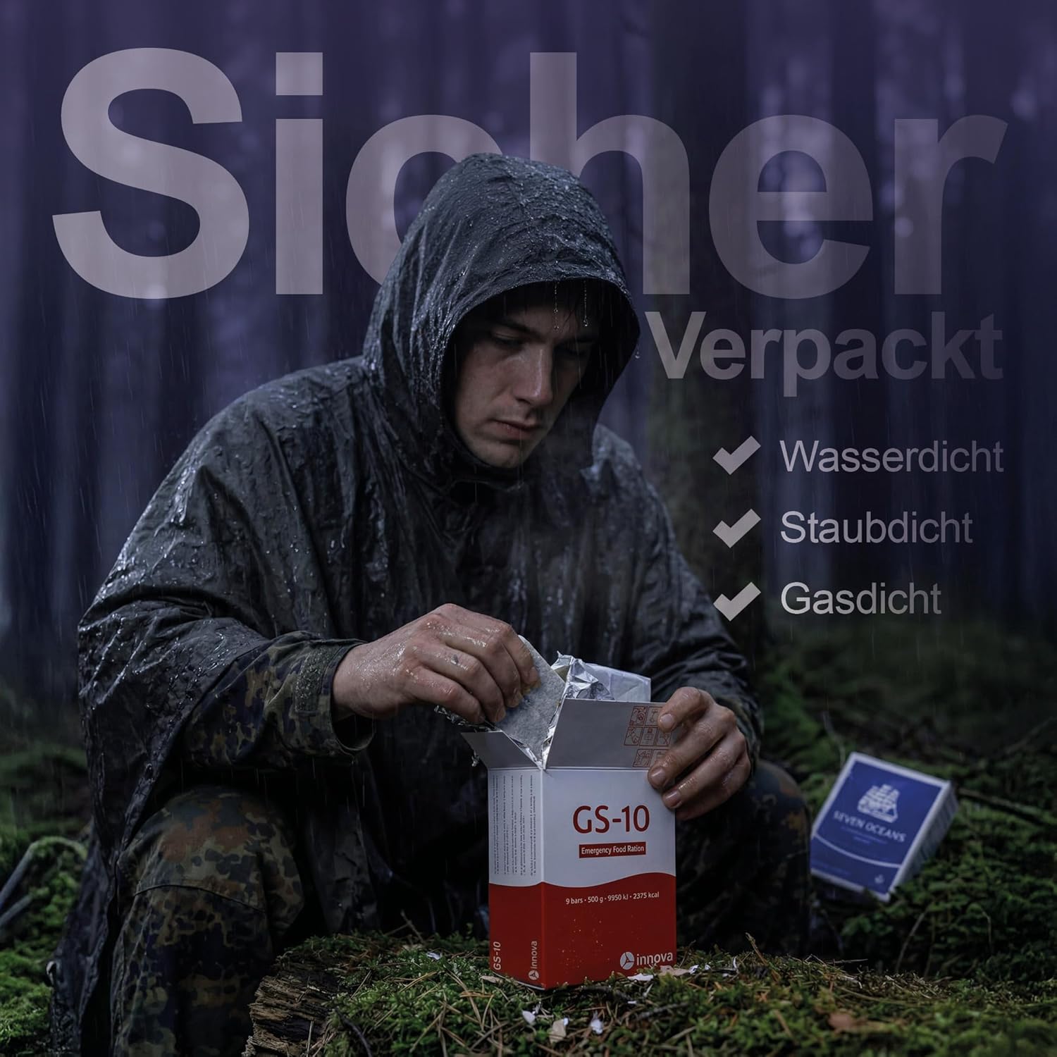 Notfall-Vorratspaket für Lebensmittel: 48 x 500 g (insgesamt 24 kg) – GS-10 & Seven Oceans Mix – Hochkalorische Notfallration für Krisenprävention, Outdoor und Camping – 2 Boxen mit 24 Rationen – Bild 9