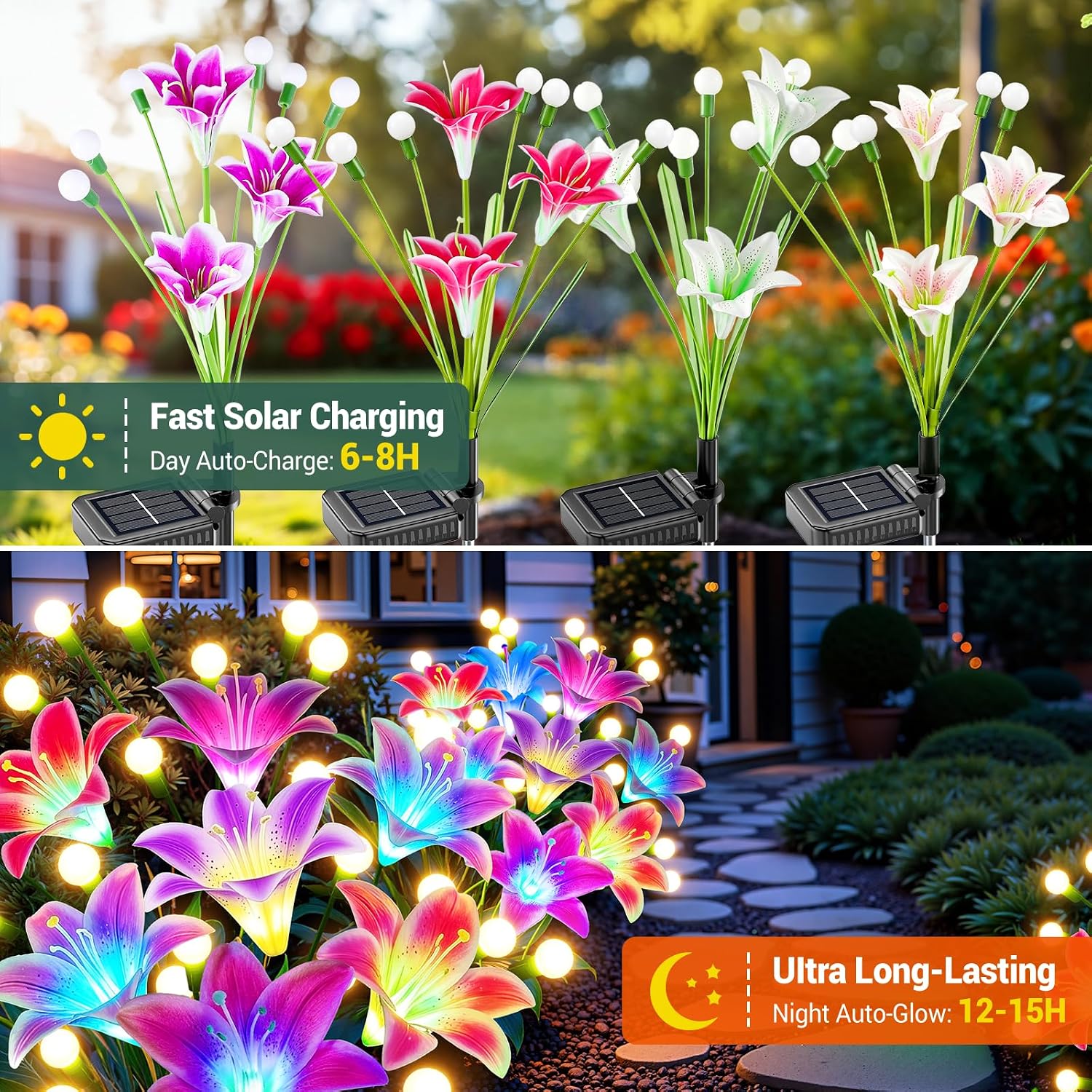 BUCASA Firefly-Solarleuchten für den Garten im Freien, 4 Stück, 36 LEDs, helle Solarleuchten für den Außenbereich mit warmweißen Glühwürmchen und farbigen Lilienblüten, verbesserte schwingende Solar-Gartenleuchten für Wege, Hof, Balkon – Bild 6