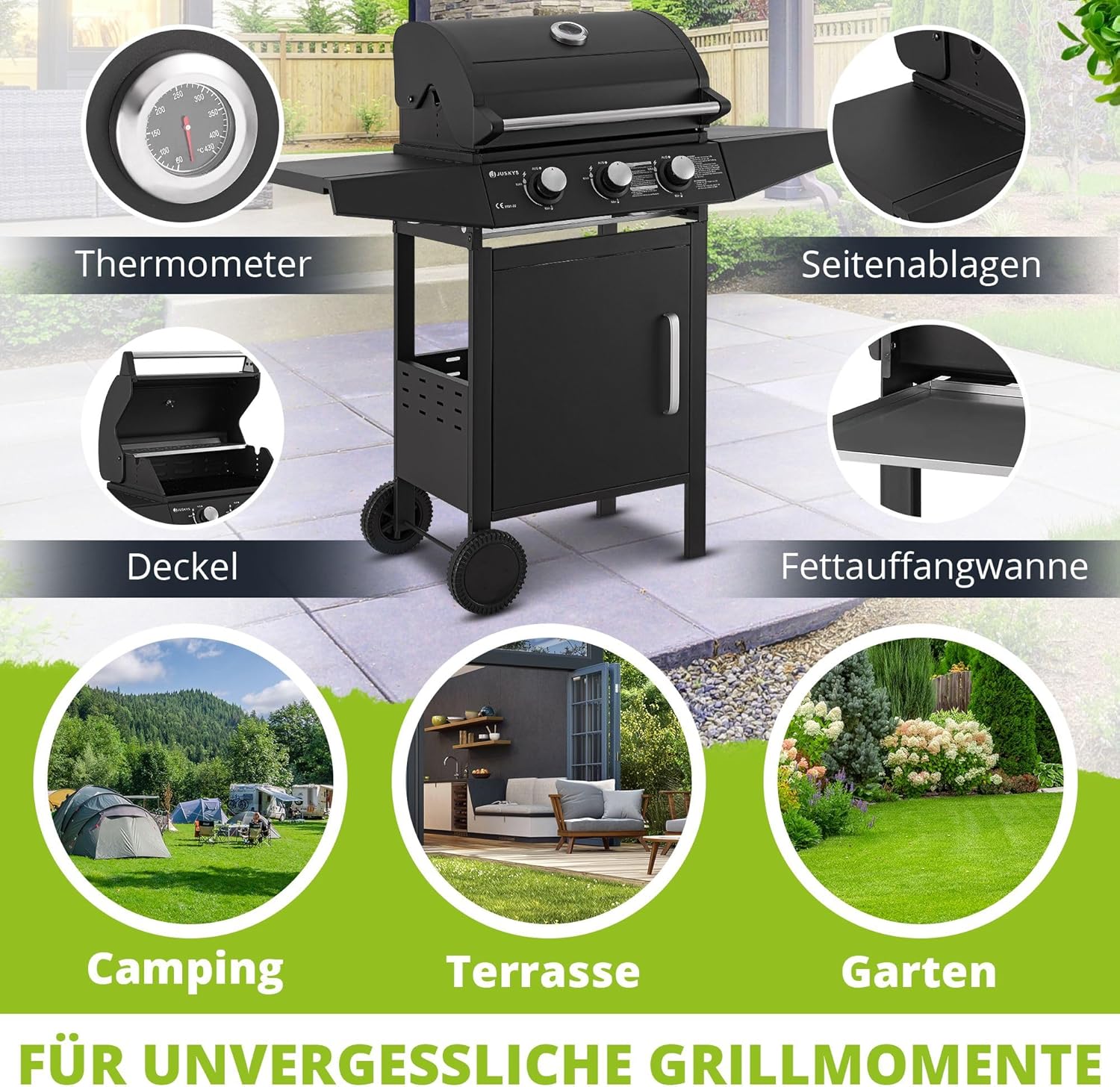 Broilcue Louisiana BBQ Gasgrill 3 Brenner 8,1 kW Gasgrillwagen inkl. Grill Grillrost, Deckel mit Grillthermometer, Warmhalterost und Seitenablagen – Bild 4