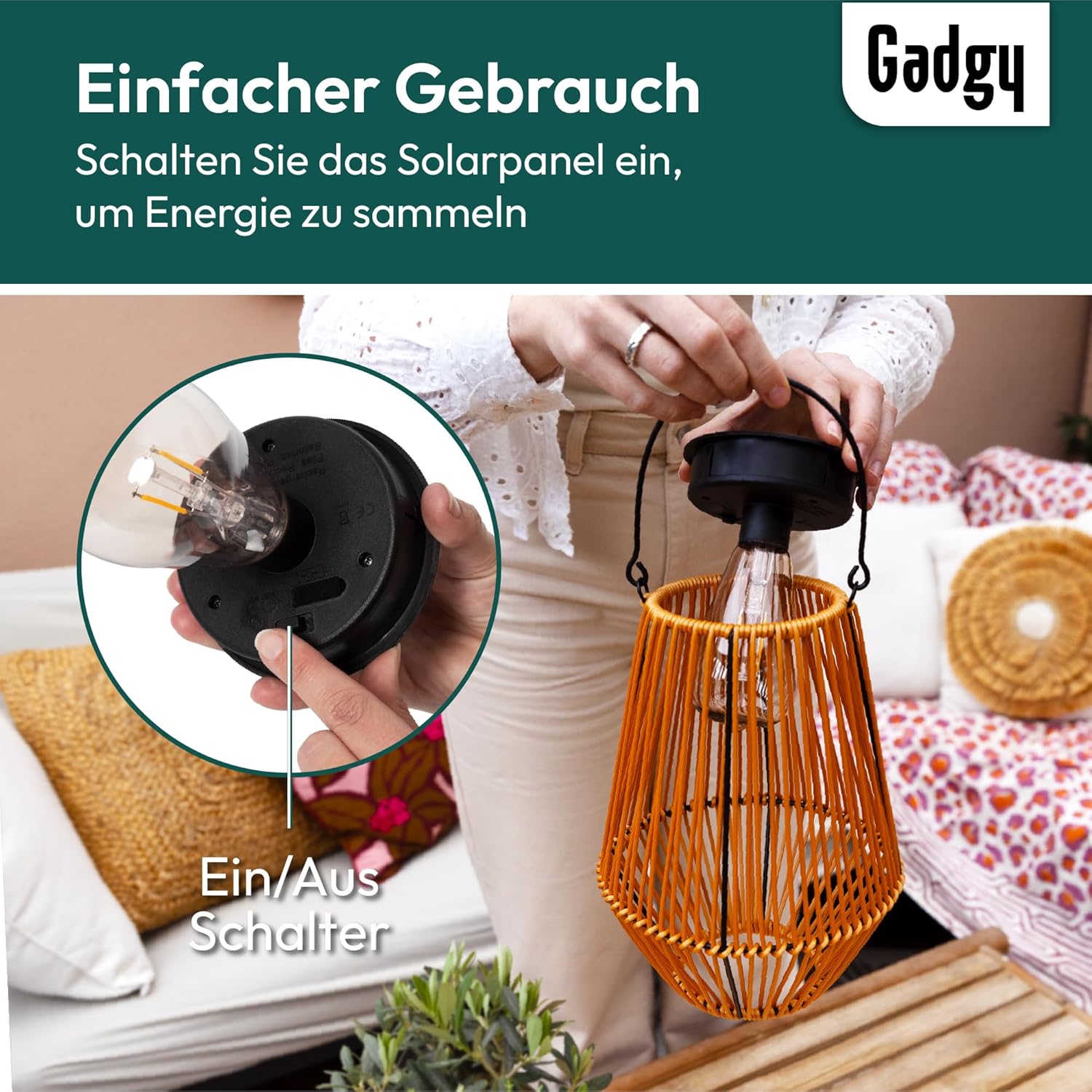 Gadgy Solarlampe für den Garten im Freien – Wetterfeste Solarlaterne in Rattanoptik mit warmweißem LED-Licht – dekorative Solarleuchte für Garten, Balkon & Terrasse – Bild 8
