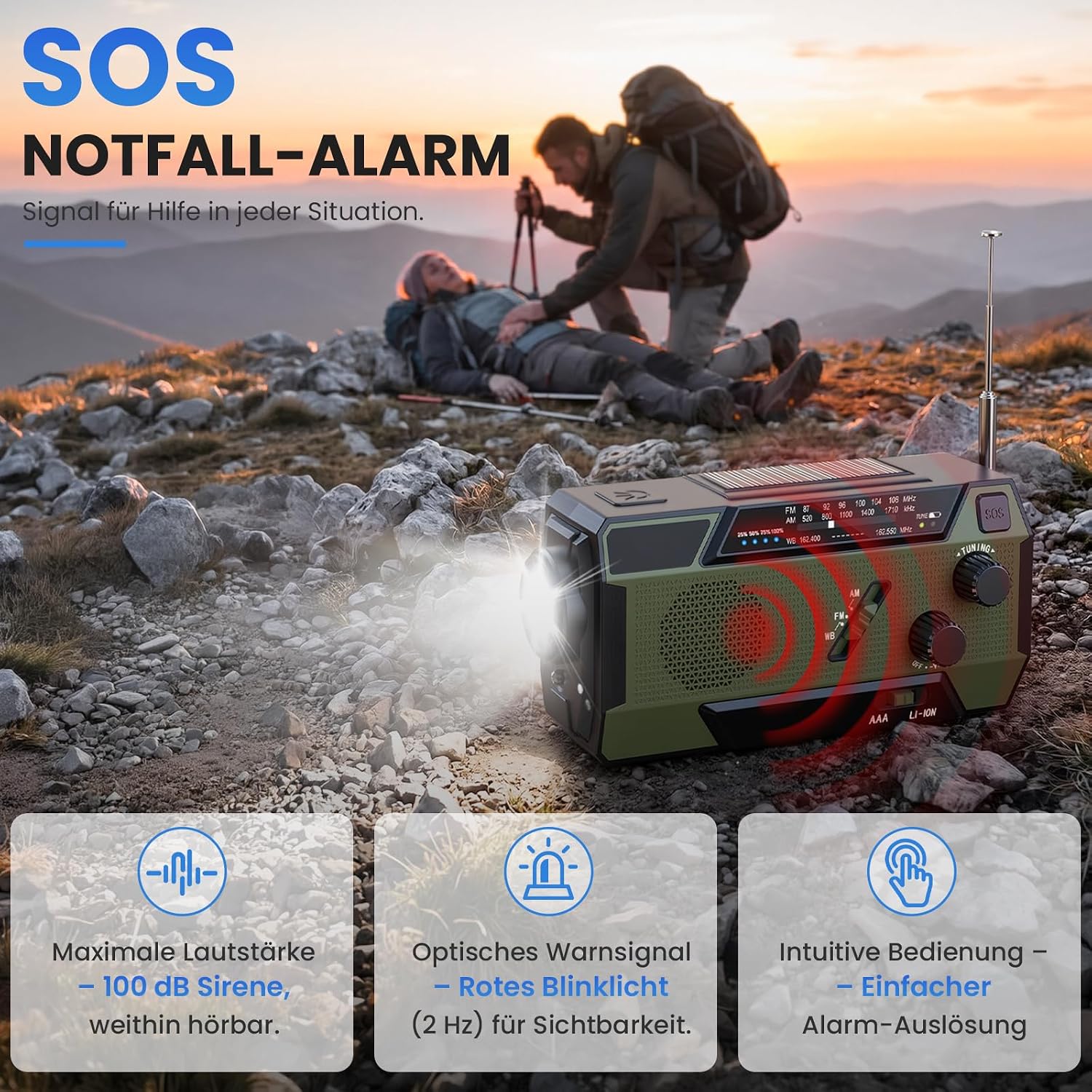 Kurbelradio, Notfallradio, 4000 mAh (14800 mWh) Akku, Powerbank mit 3 integrierten Kabeln, Radio mit Kurbel und Solar, AM/FM SOS-Alarm, Taschenlampe, Notfall-Kurbelradio für Camping, Outdoor, Stromausfall – Bild 4