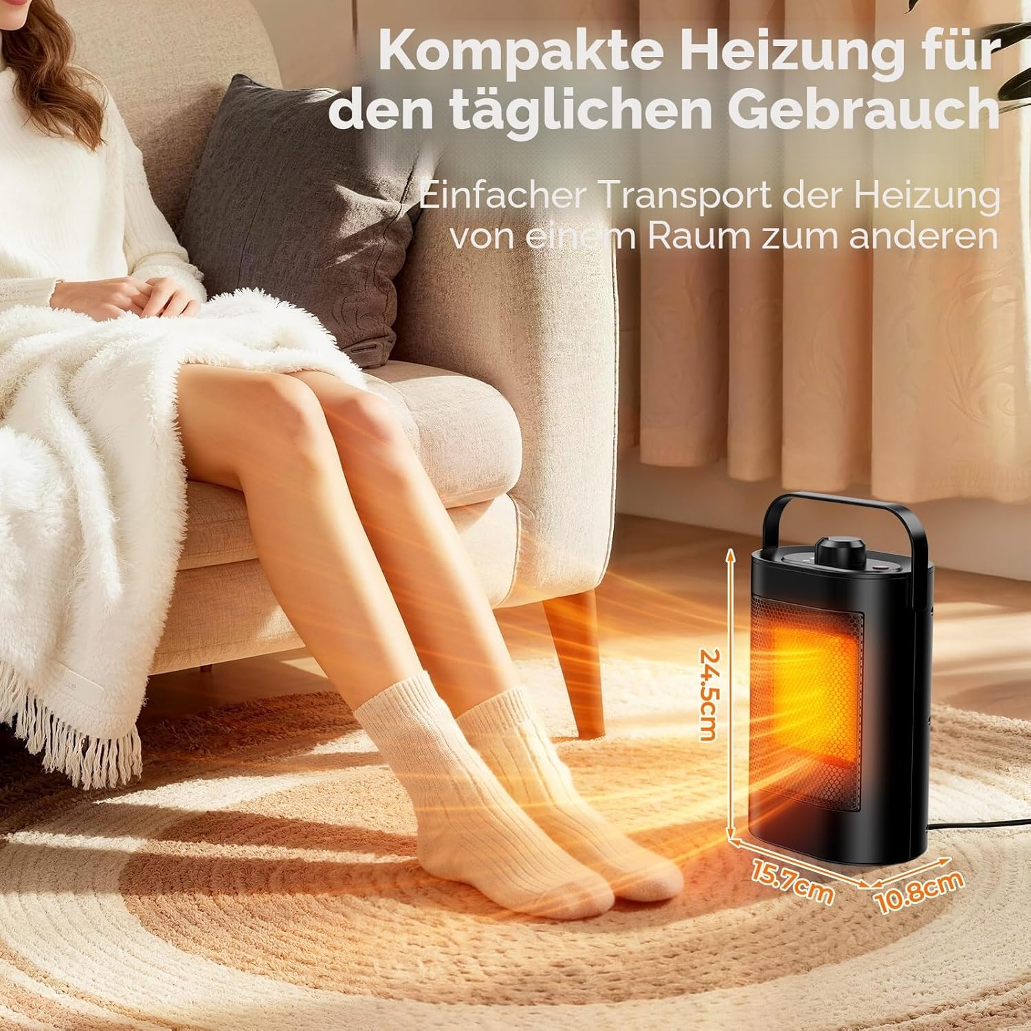 Heizlüfter, energiesparend, 1500 W, PTC-Keramik-Heizung, elektrisch, 3-Stufen-Modus, Überhitzung & Kippschutz, tragbare elektrische Heizung für Räume, Schlafzimmer, Büros (energiesparend) – Bild 4