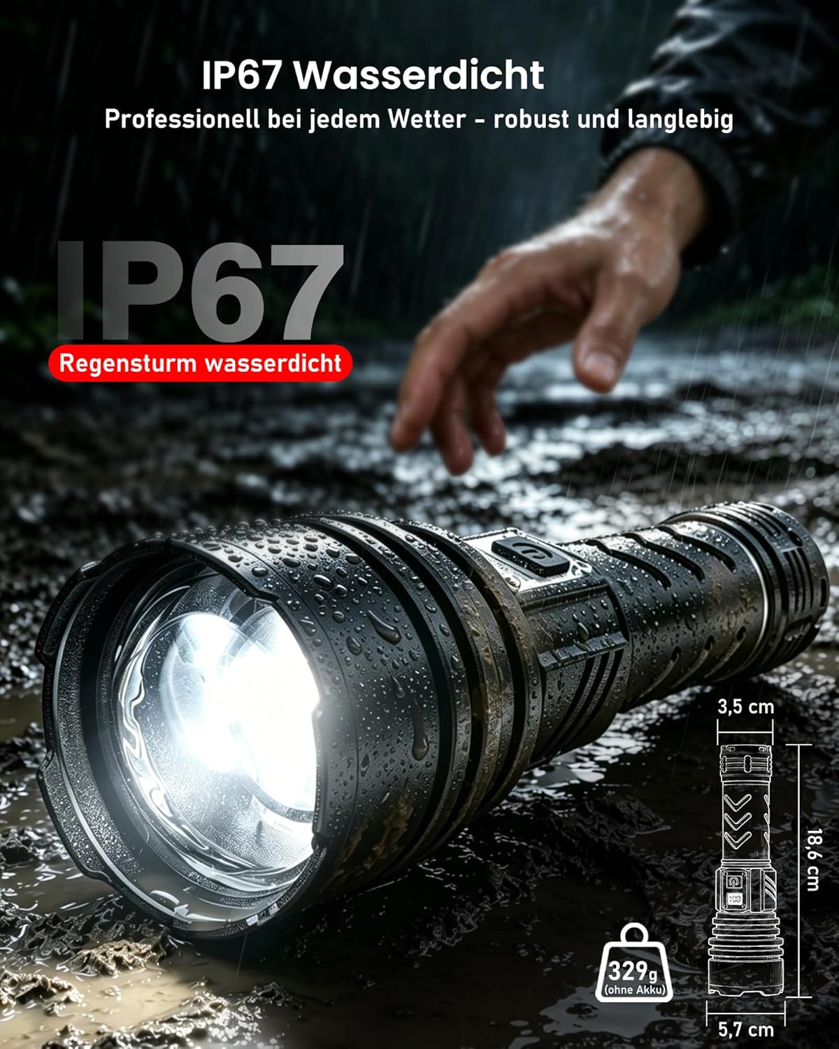 Shadowhawk Taschenlampe LED wiederaufladbar, 1.000.000 LM – 50 W, taktische Taschenlampe, extrem hell, 1000 m Weitschuss & 12 Stunden Laufzeit, IP67 LCD-Display, Taschenlampe für Survival/Outdoor/Camping, mit Zündfunktion – Bild 7