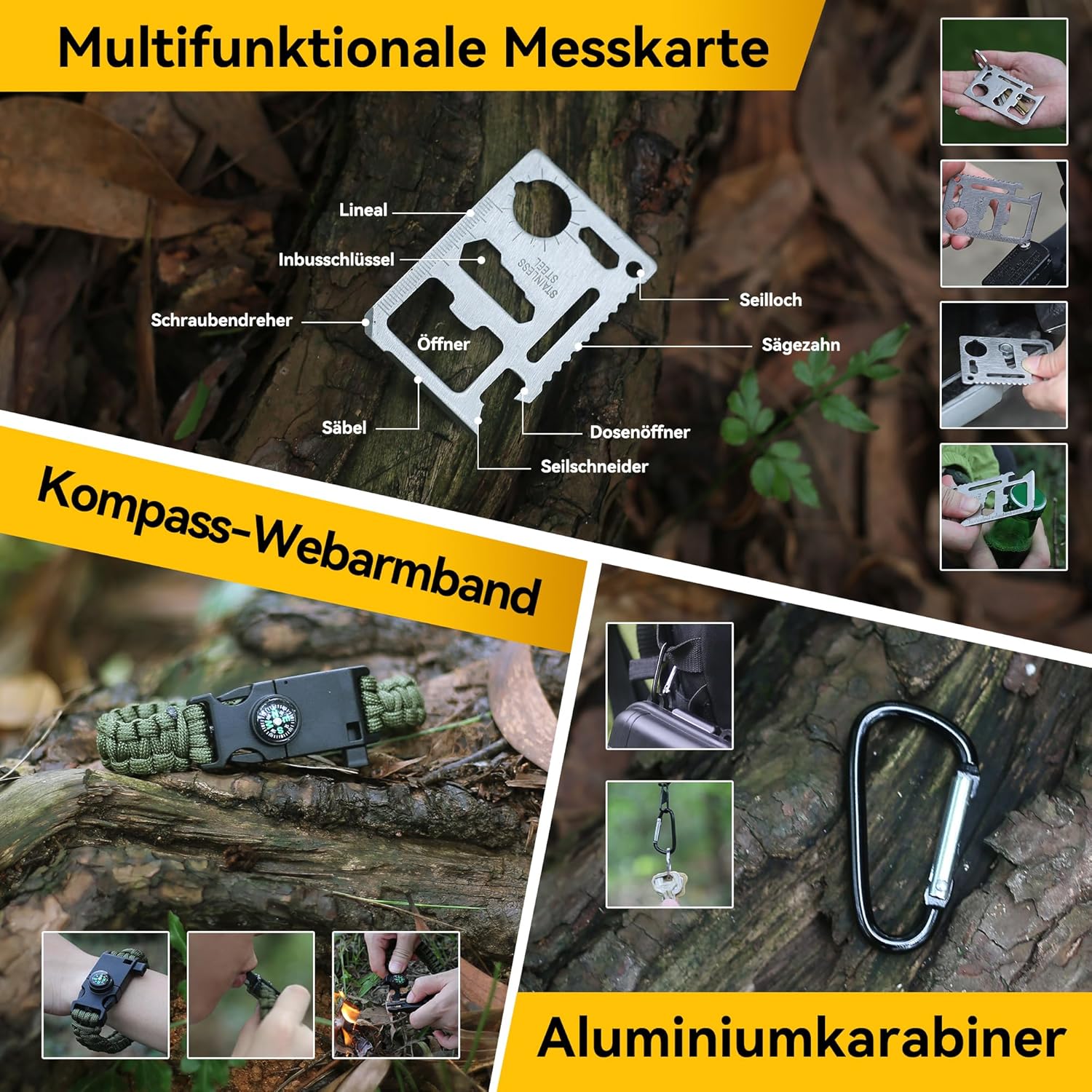 14-in-1-Überlebensset, Mehrzweck-Überlebensset, Erste-Hilfe-Set für Outdoor-Sport, Camping, Bergsteigen, Feuerstein/Wärmedecke/Pfeife – Bild 7