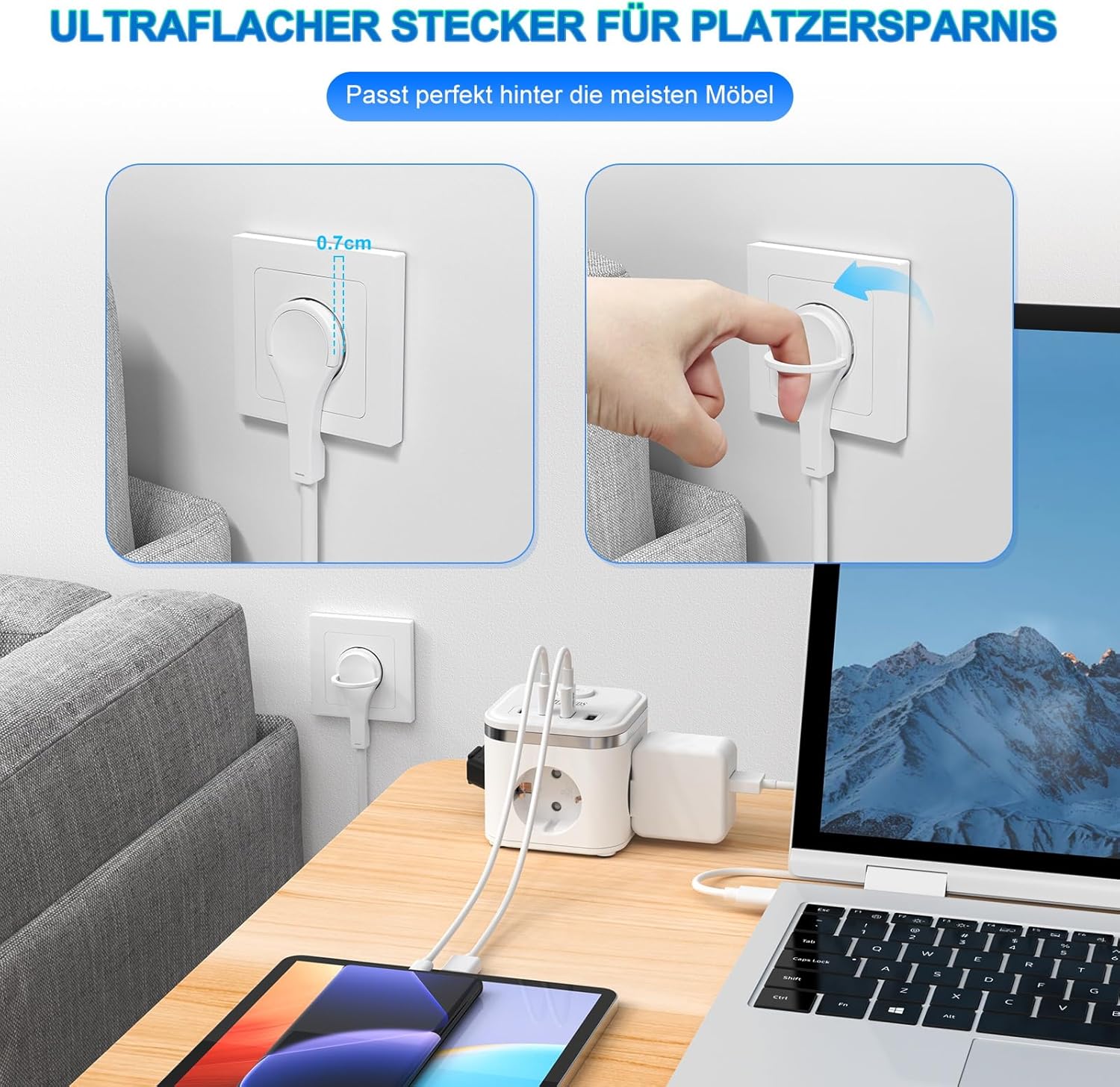 Steckdosenwürfel mit USB, 3-fach Mehrfachsteckdose mit Schalter, Steckdosenleiste mit 2U2C, 7-in-1-Steckdosenverteiler mit 2 m Kabel, Flachstecker-Mehrfachsteckdose für Büro, Reisen, Weiß – Bild 3