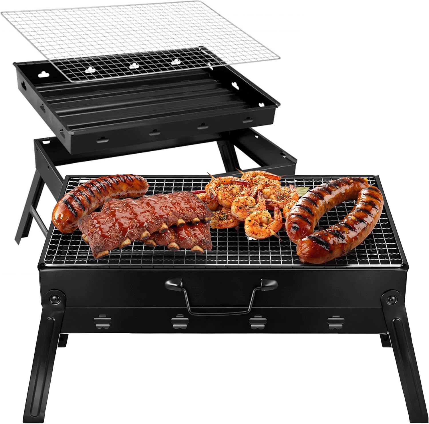 KRUMAD Campinggrill, faltbar, tragbar, Holzkohlegrill, 38,5 x 27 cm, Tischgrill für Camping, Küche & Outdoor, Mini-Holzkohlegrill, faltbar mit Grillrost, ideal für Grillen, Reisen, Picknick, Balkon