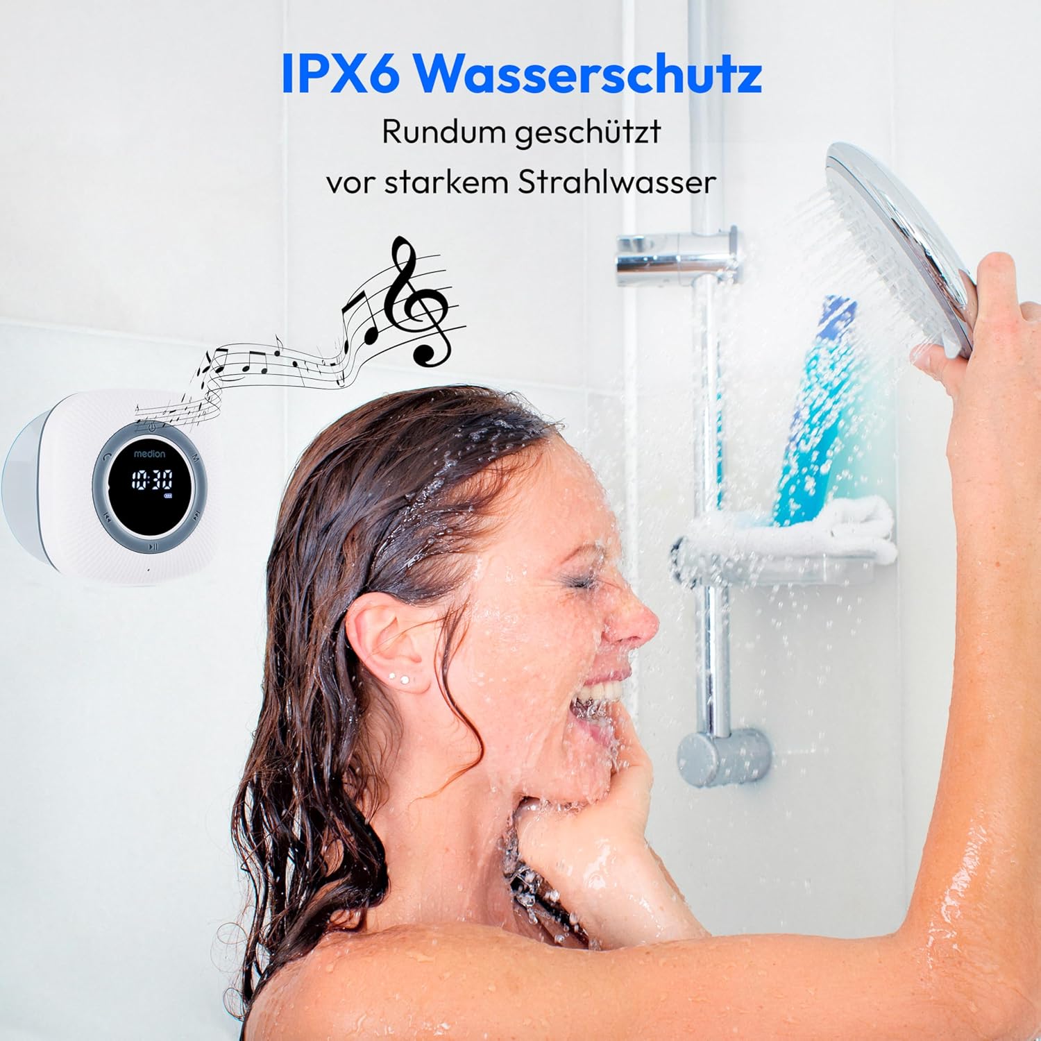 MEDION S66884 Duschradio mit Bluetooth (Badezimmerradio, UKW-Radio, Saugnapf, LED-Display, IPX6 wasserdicht, integrierter Akku, MD43884) weiß – Bild 2